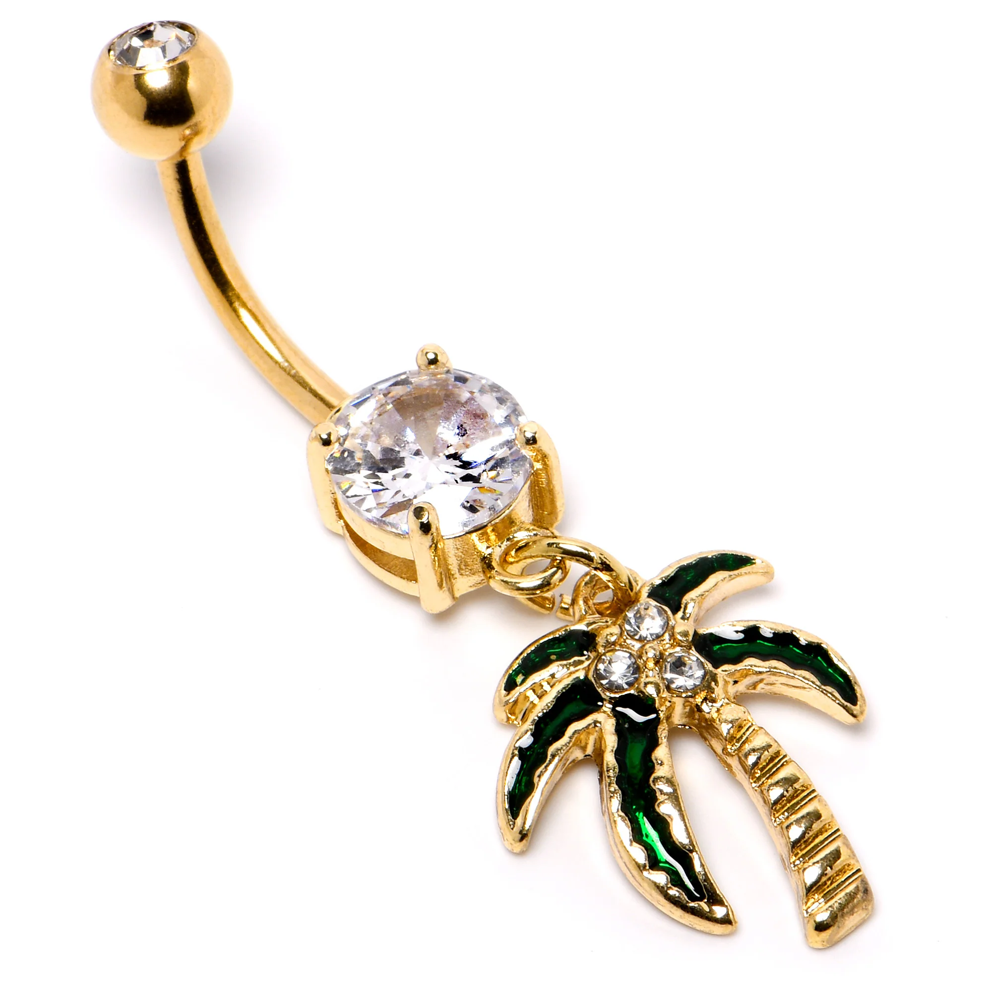 Clear Gem Gold Tone Palm Tree Style Dangle Belly Ring - Image 5