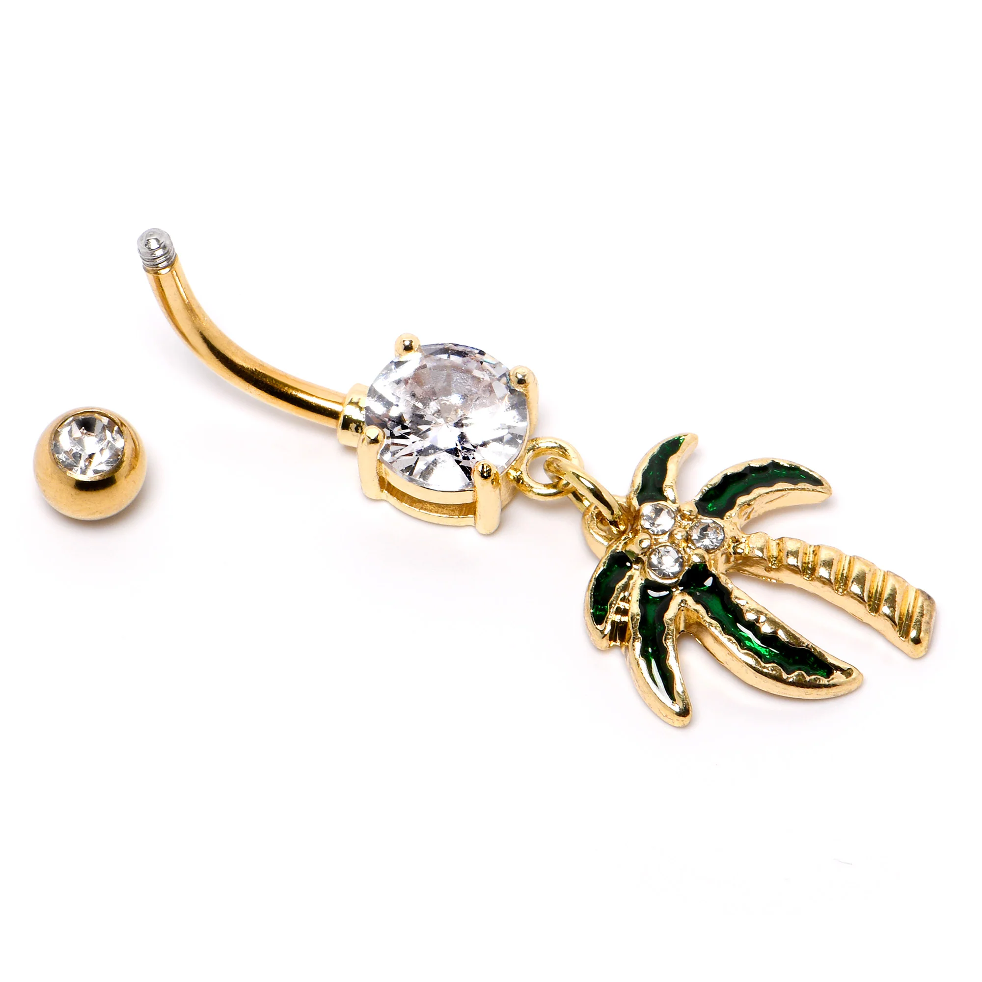 Clear Gem Gold Tone Palm Tree Style Dangle Belly Ring - Image 6