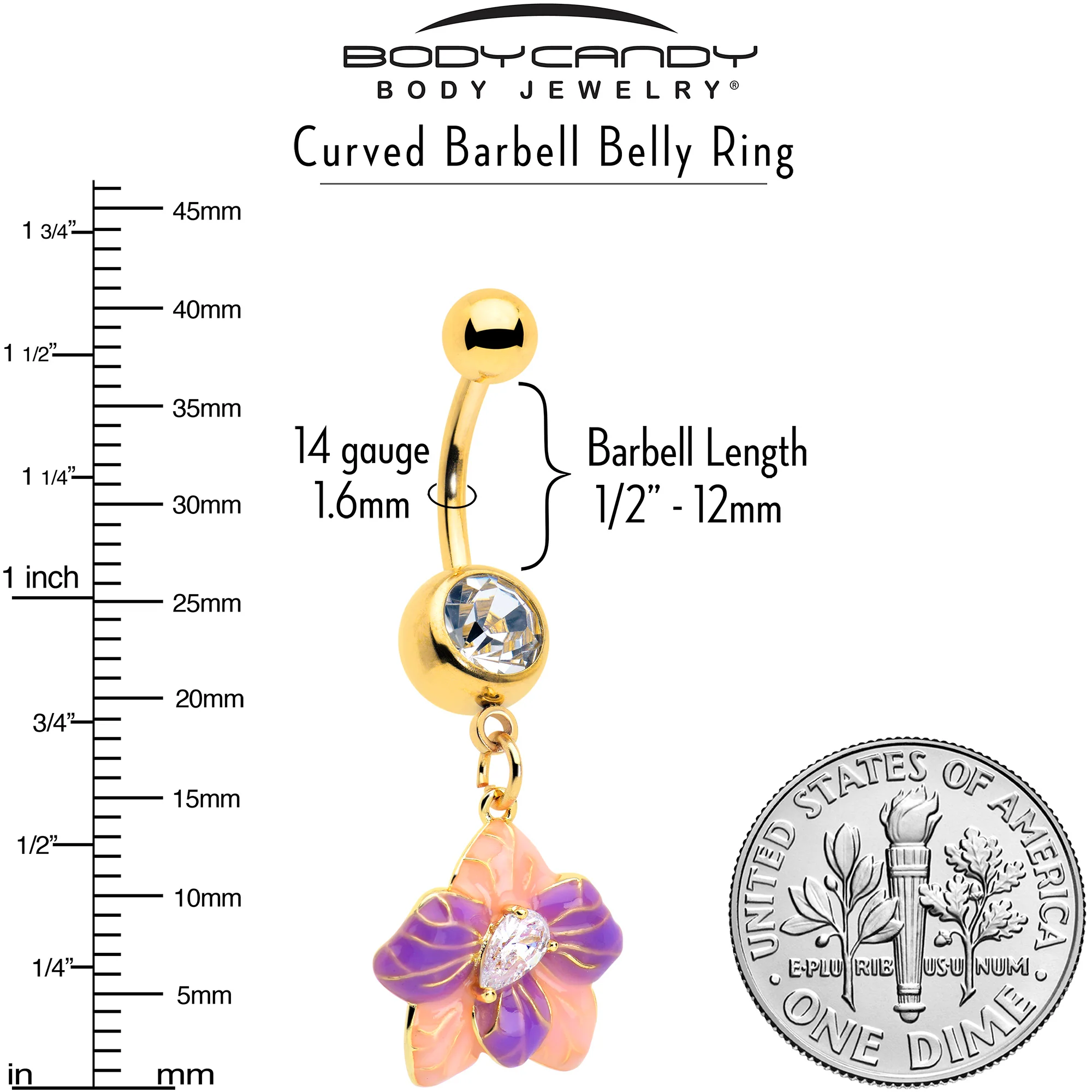 Clear Gem Gold Tone Pastel Flower Dangle Belly Ring - Image 2