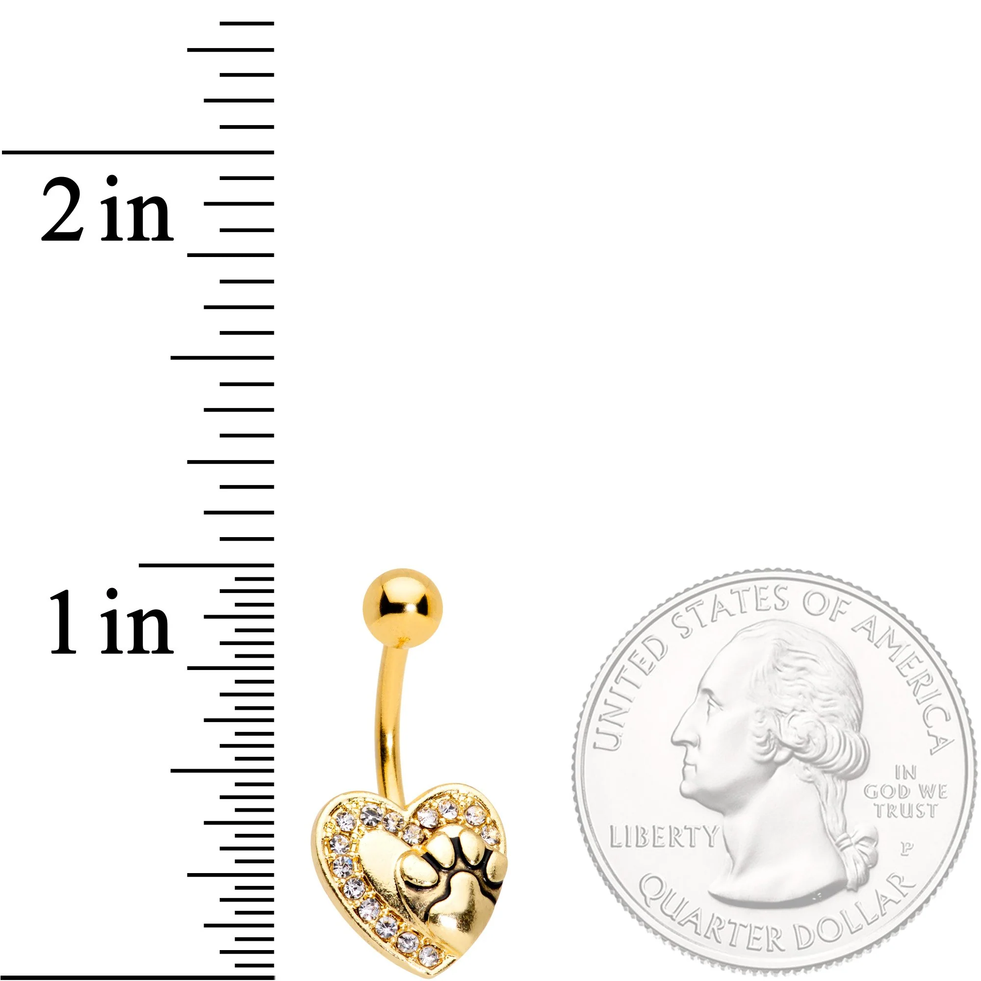 Clear Gem Gold Tone Dog Paw Print Heart Puppy Love Belly Ring - Image 2