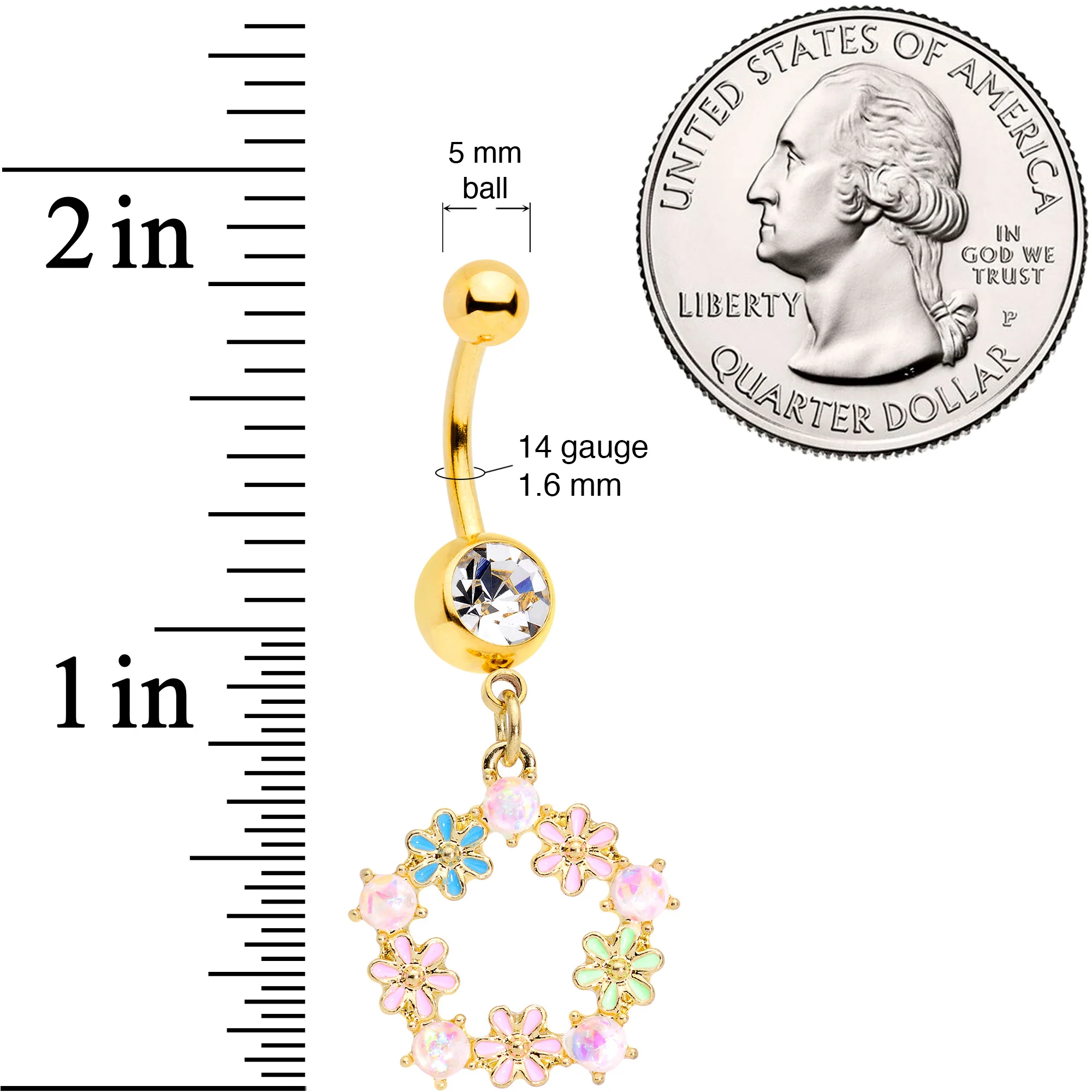 Clear Gem Gold Tone Pink Blue Green Flower Dangle Belly Ring - Image 2