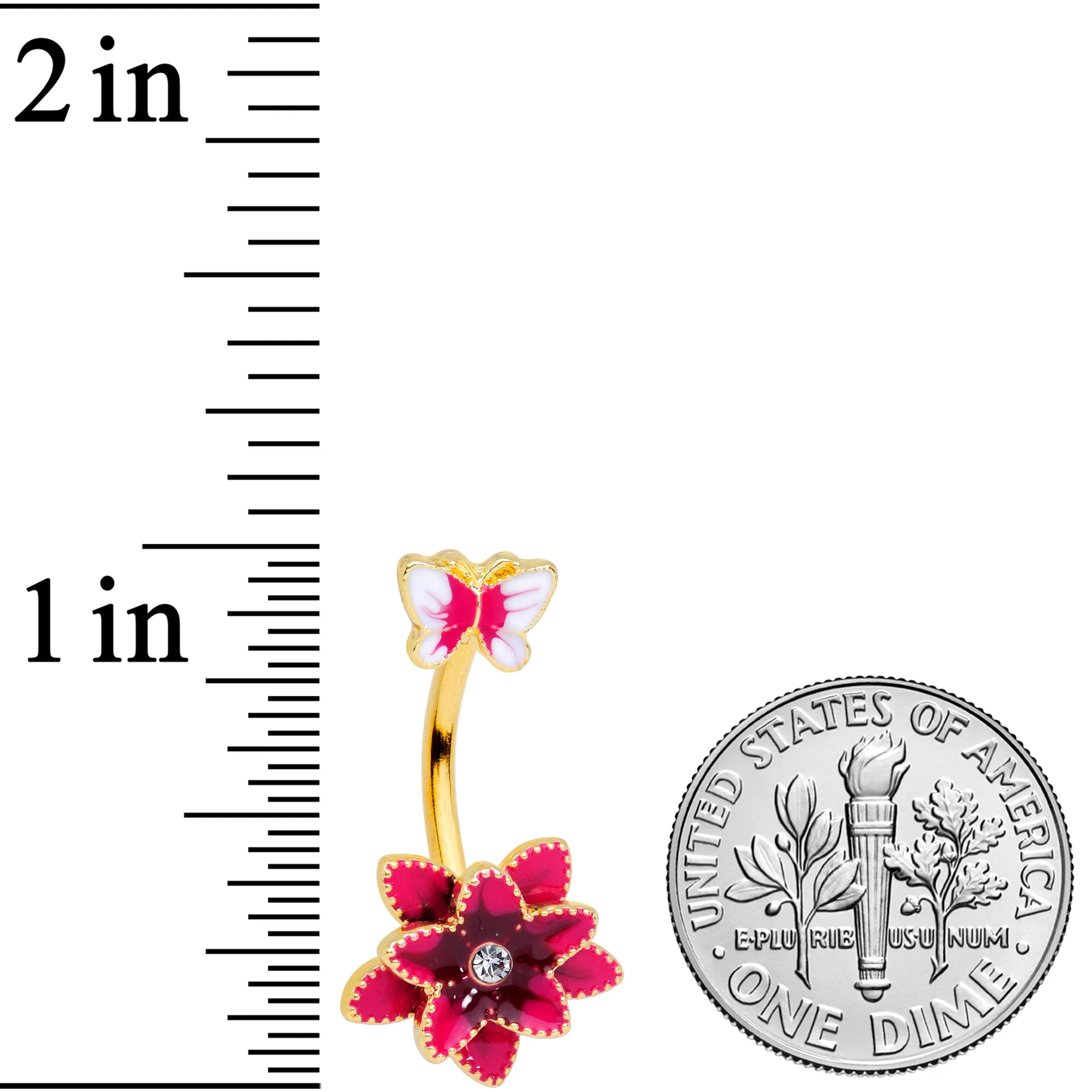 Clear Gem Gold Tone Pink Flower Butterfly Double Mount Belly Ring - Image 2