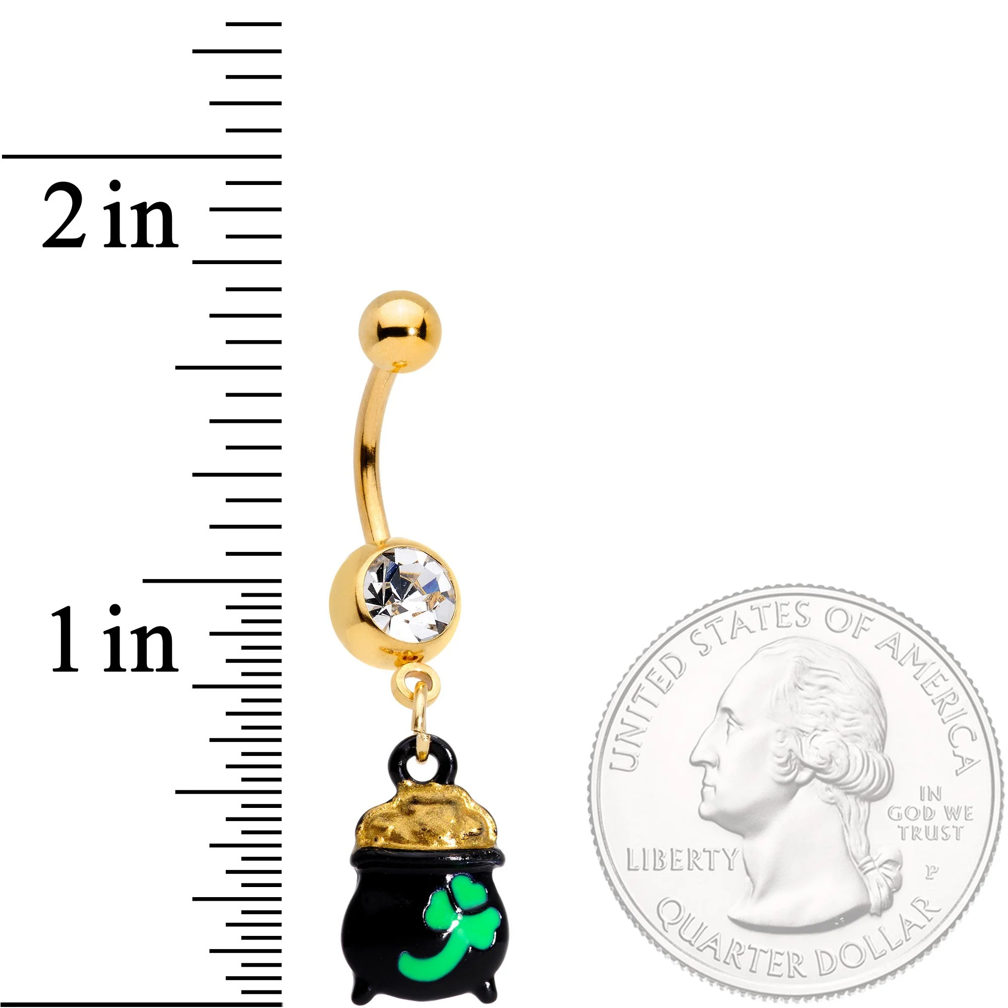 Clear Gem Gold Tone Pot o Gold St Patricks Day Dangle Belly Ring - Image 2