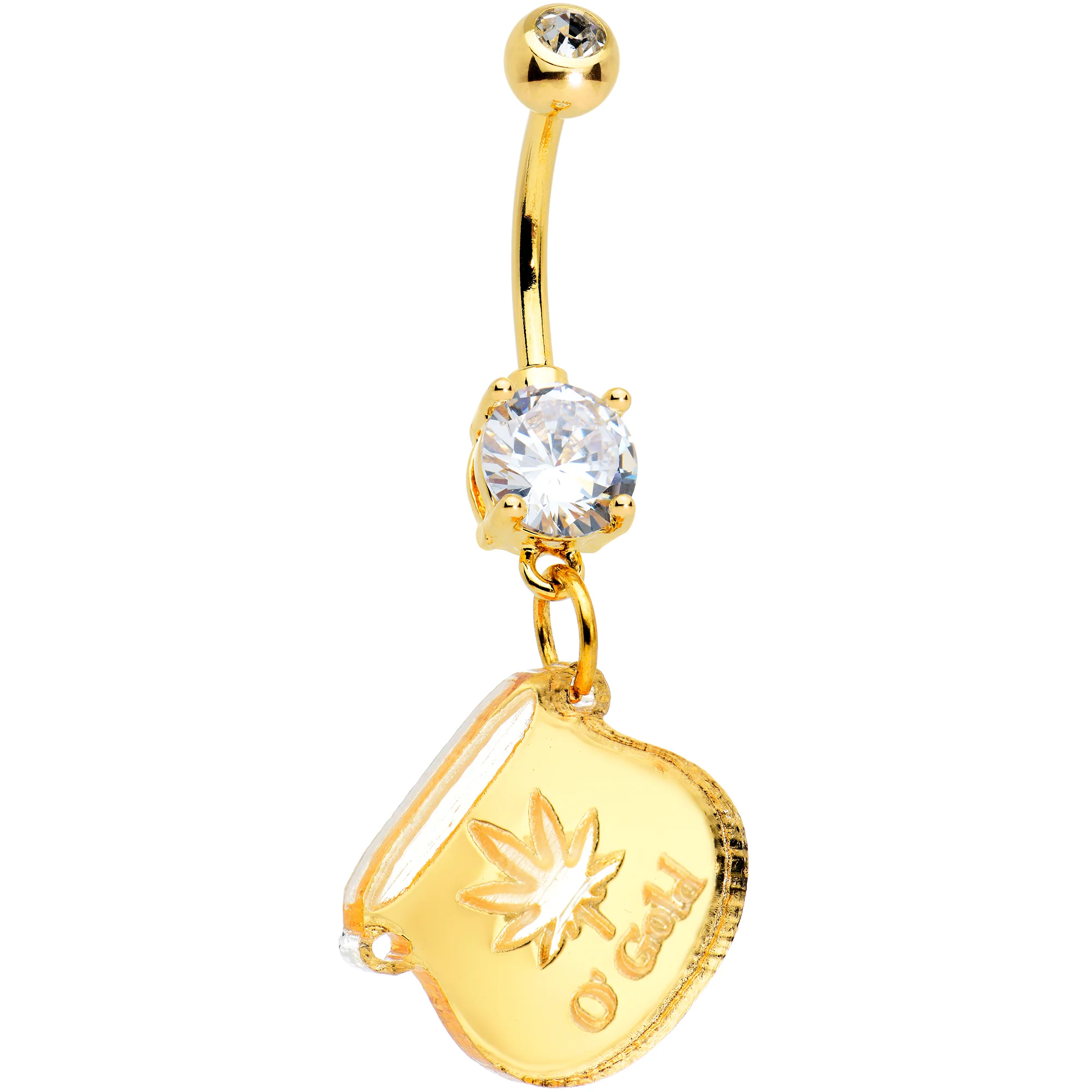 Clear Gem Gold Tone Pot of Gold 420 St Patricks Dangle Belly Ring - Image 2