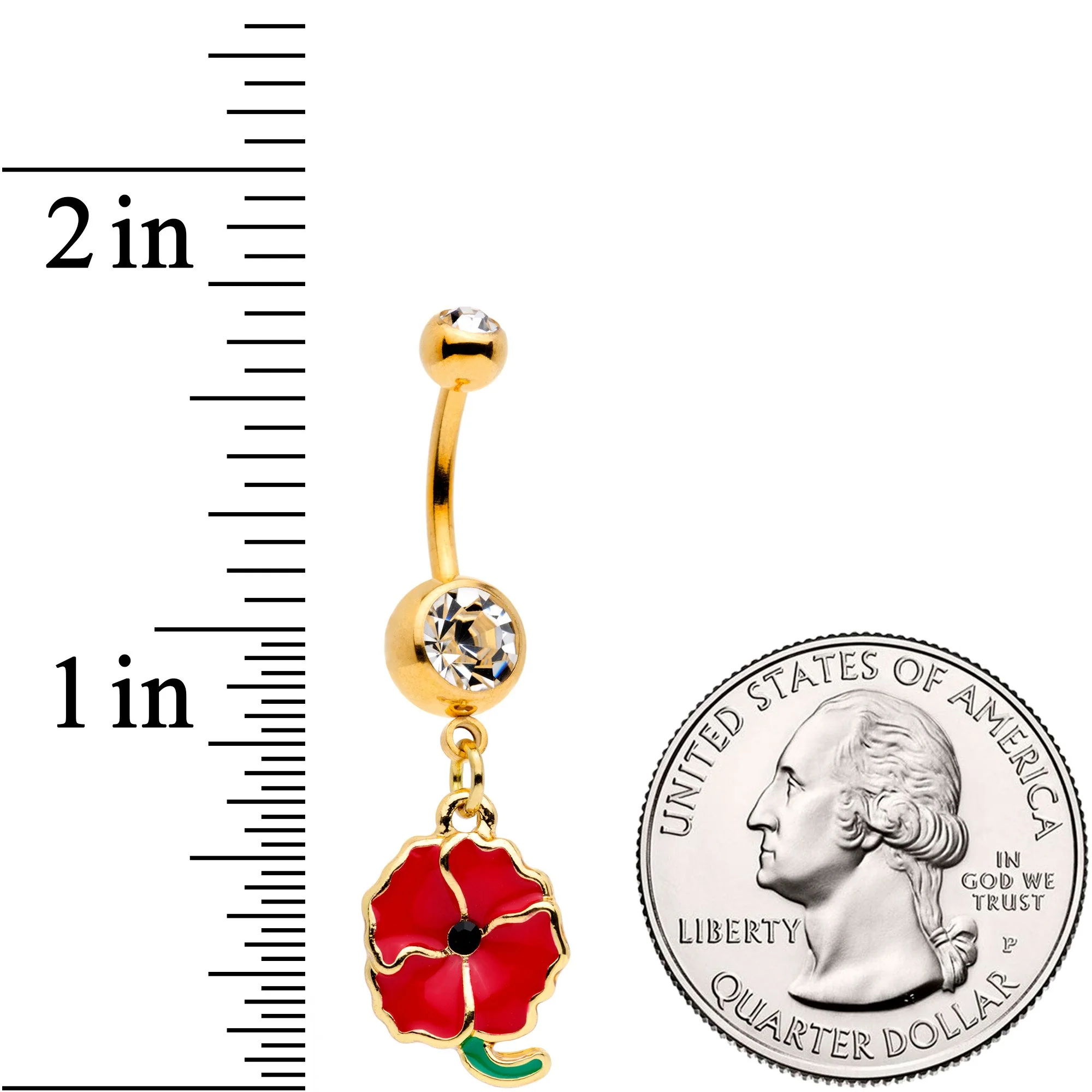 Clear Gem Gold Tone Powerful Poppy Flower Dangle Belly Ring - Image 2