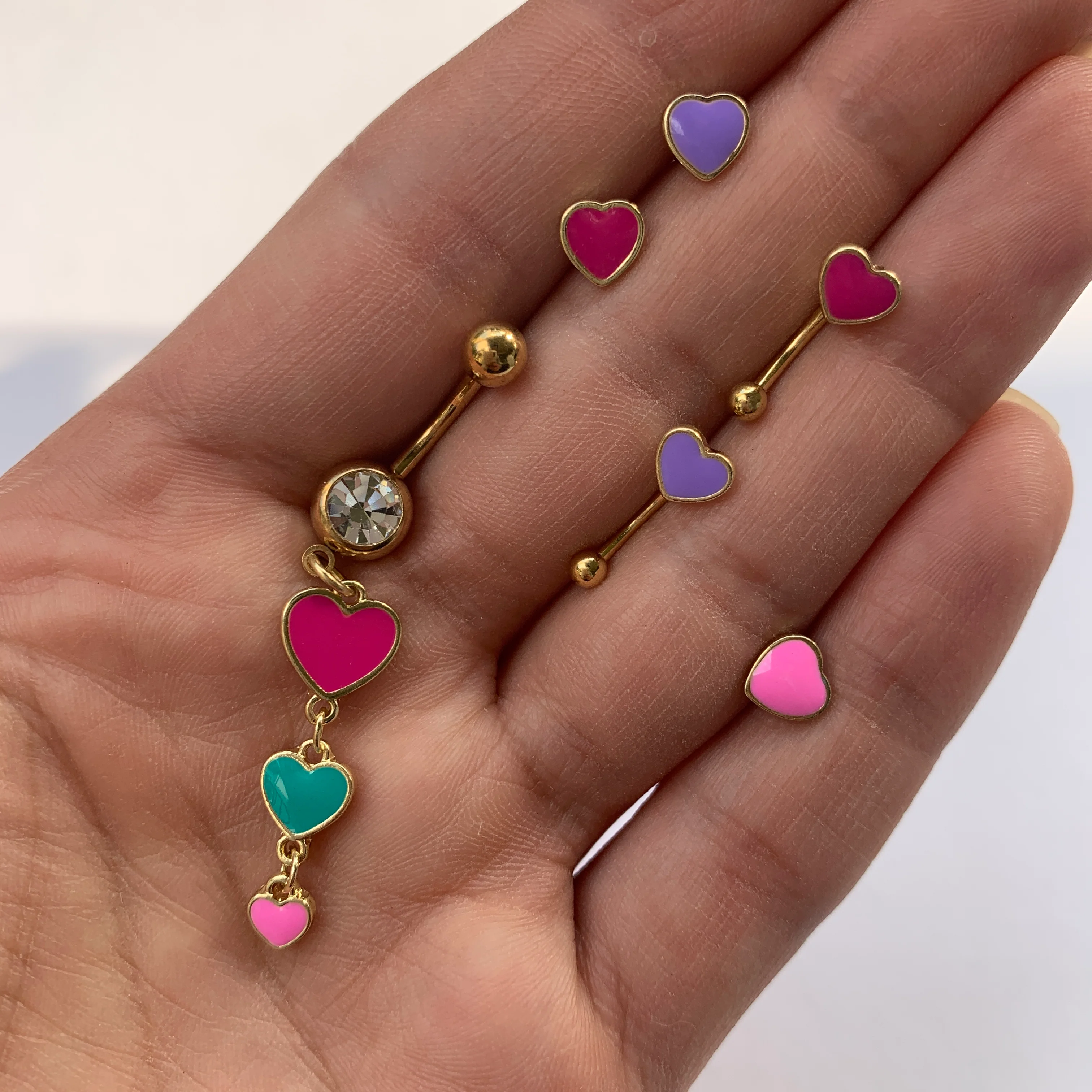 Clear Gem Gold Tone Red Pink Heart Valentines Day Dangle Belly Ring - Image 3
