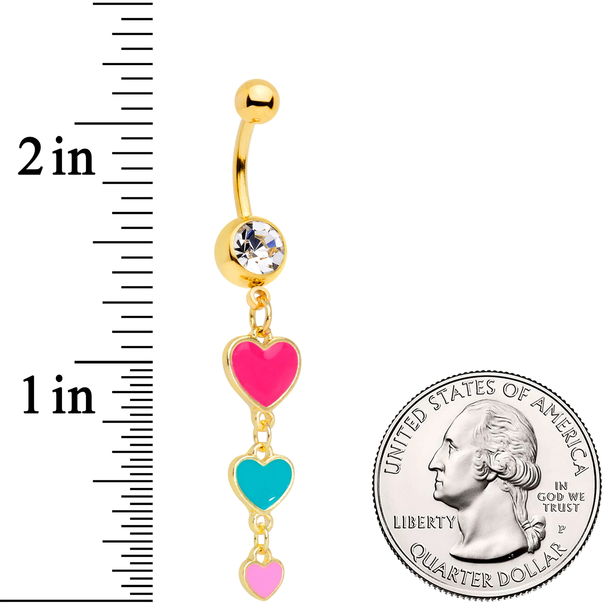 Clear Gem Gold Tone Red Pink Heart Valentines Day Dangle Belly Ring - Image 4