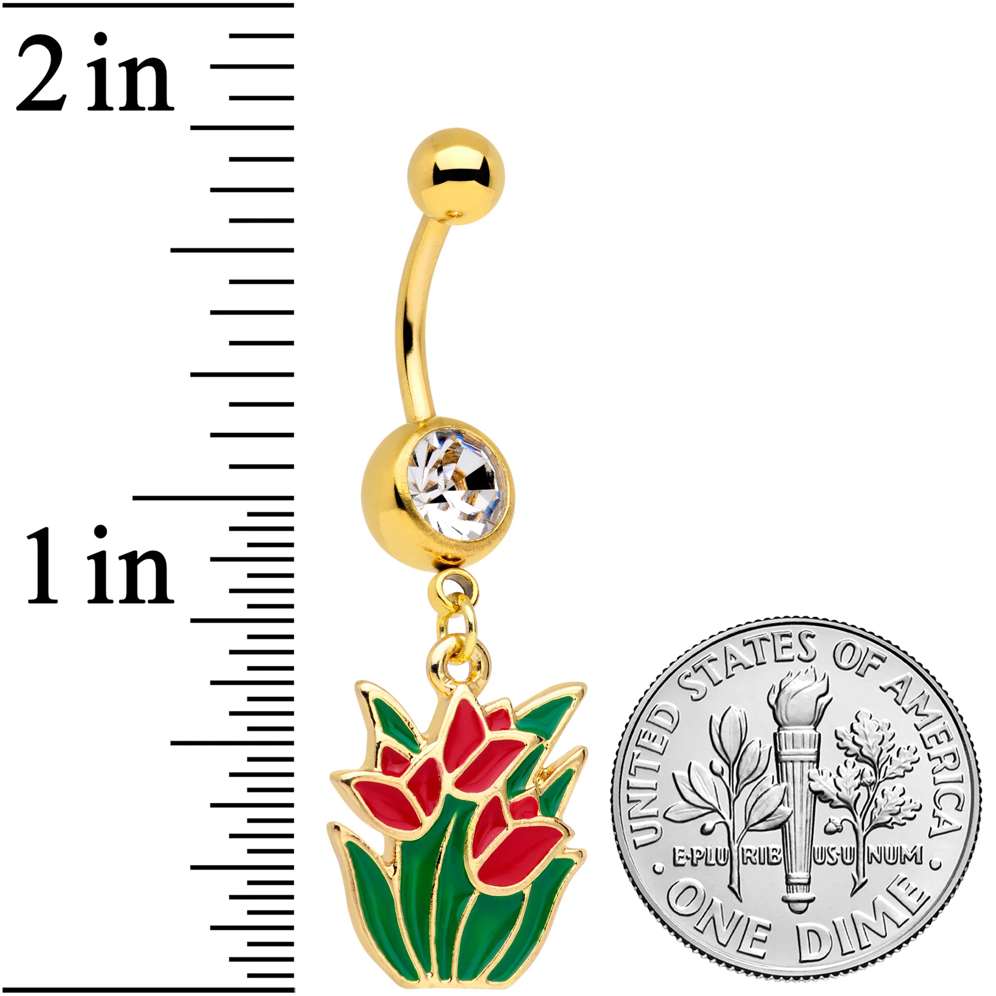 Clear Gem Gold Tone Red Tulip Flowers Dangle Belly Ring - Image 2