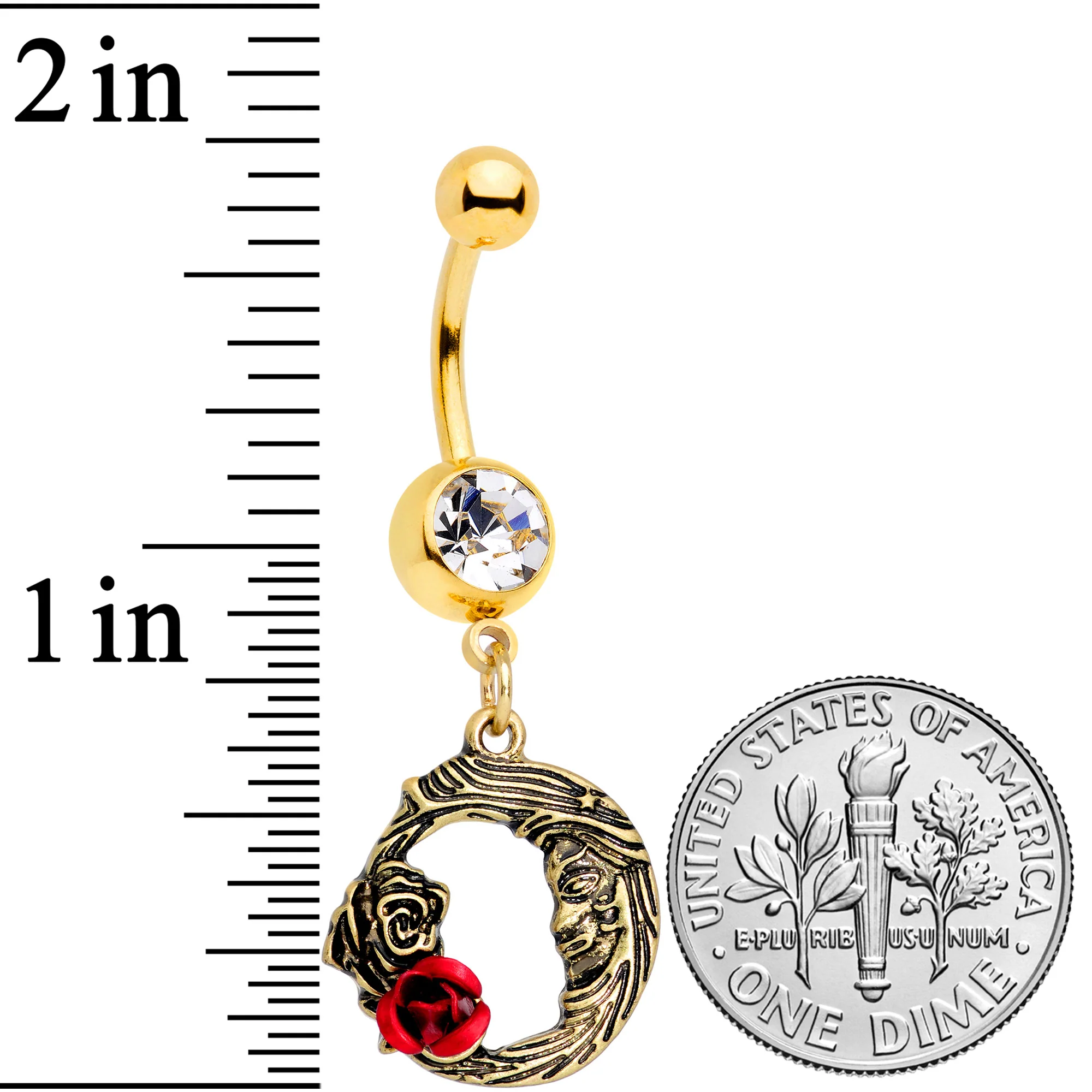 Clear Gem Gold Tone Rose Flower Moon Dangle Belly Ring - Image 2