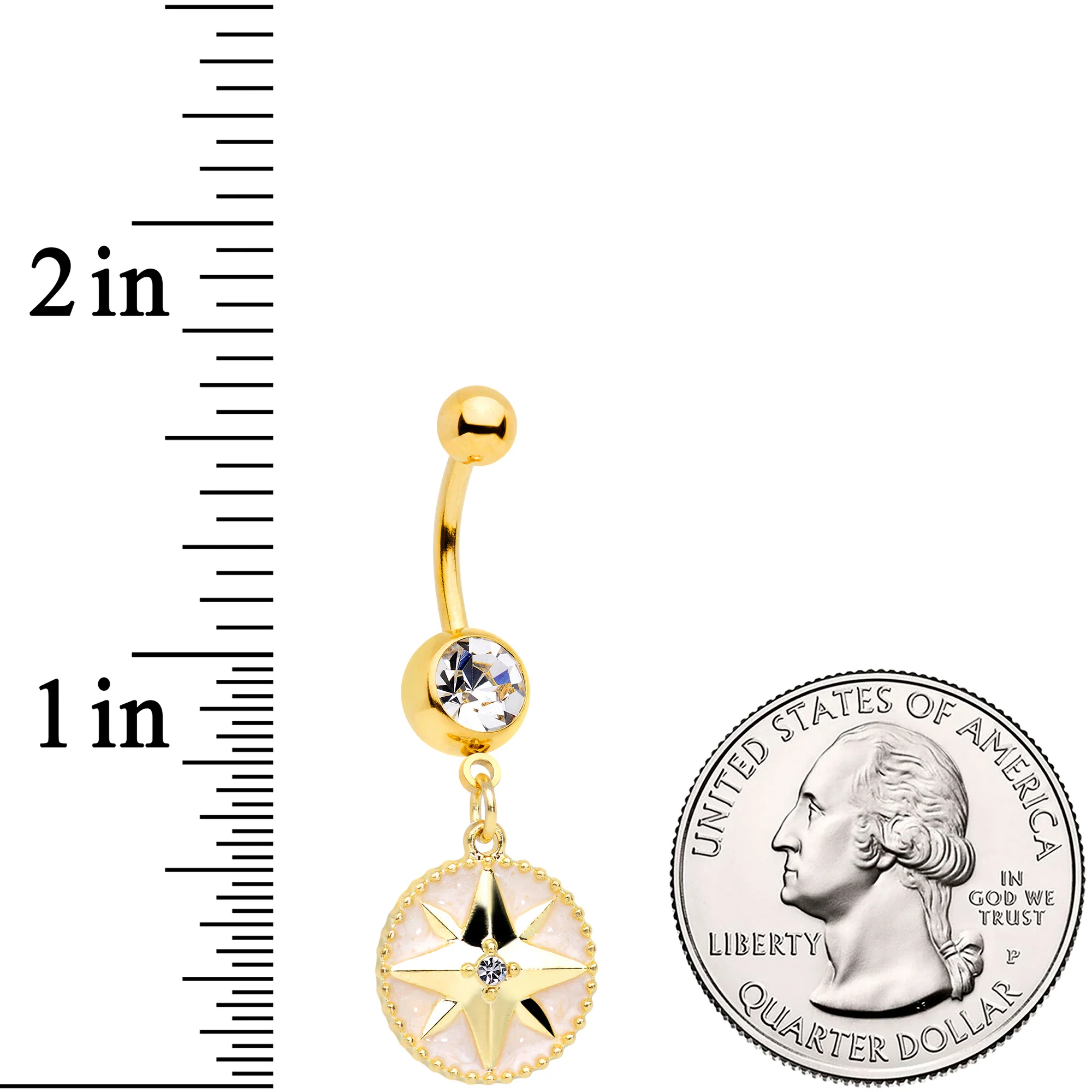 Clear Gem Gold Tone Sailors Compass Dangle Belly Ring - Image 2