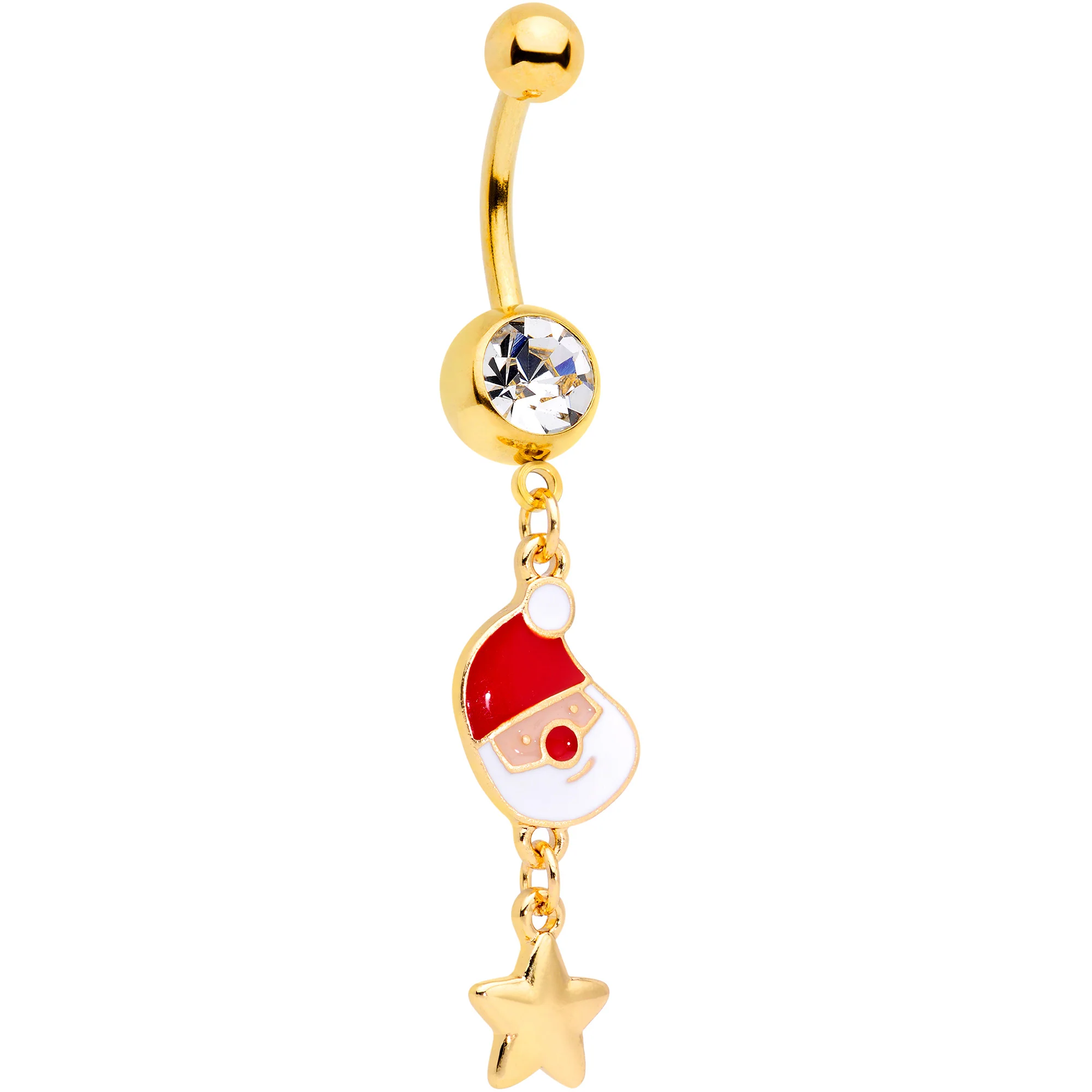 Clear Gem Gold Tone Santa Christmas Tree Dangle Belly Ring Set of 2 - Image 2