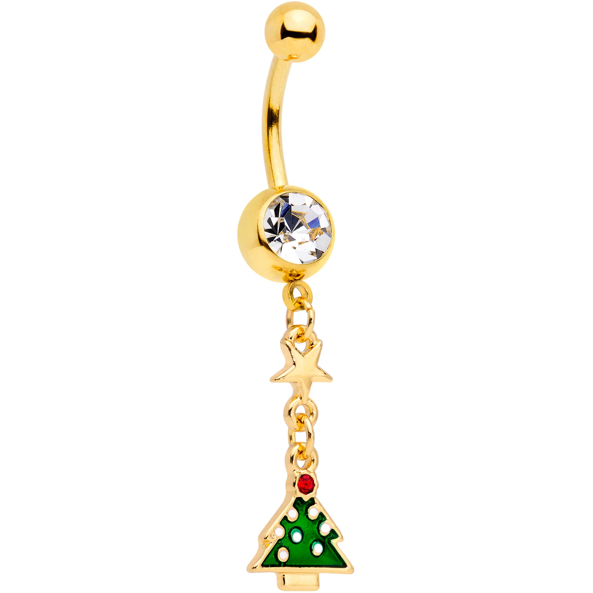 Clear Gem Gold Tone Santa Christmas Tree Dangle Belly Ring Set of 2 - Image 3