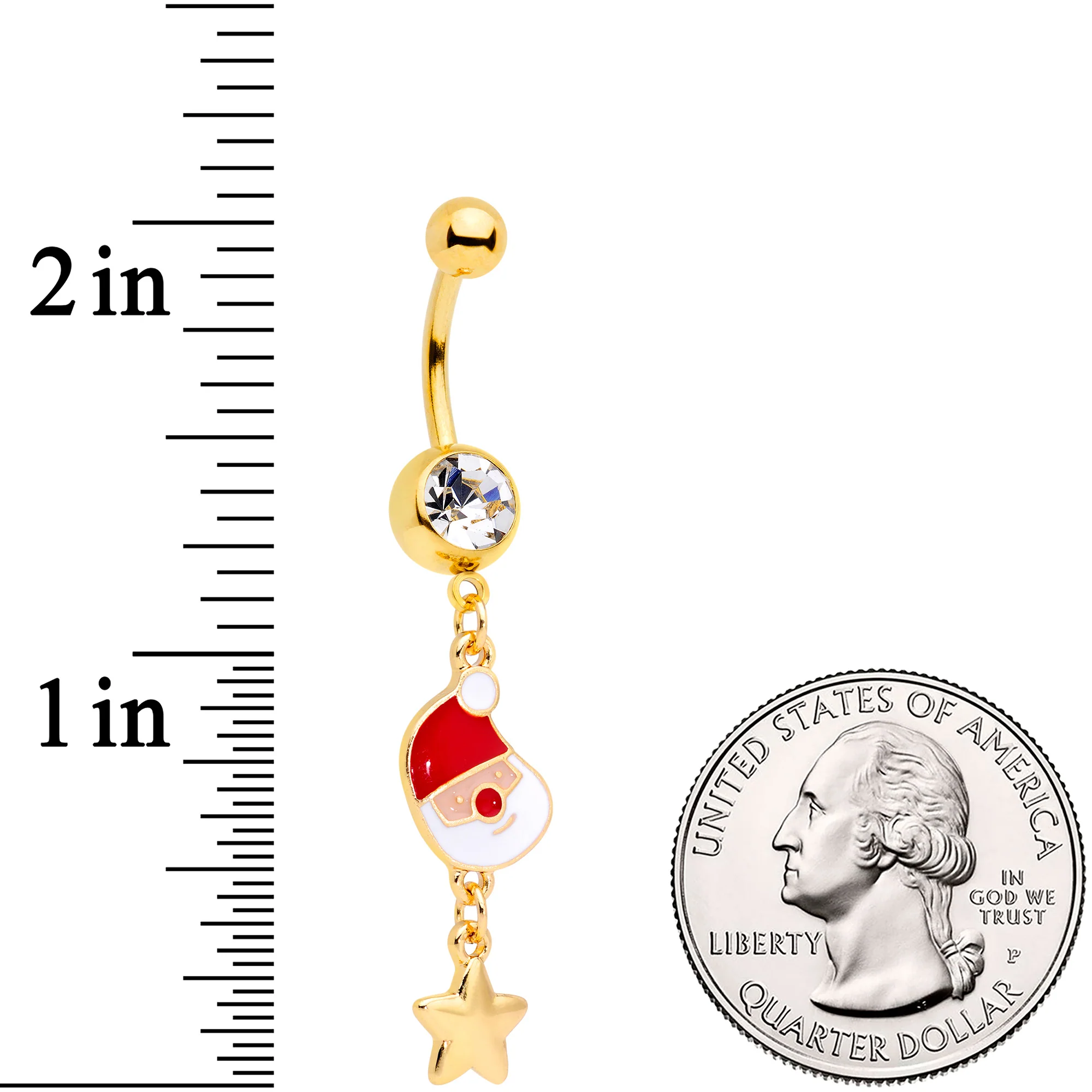 Clear Gem Gold Tone Santa Christmas Tree Dangle Belly Ring Set of 2 - Image 4