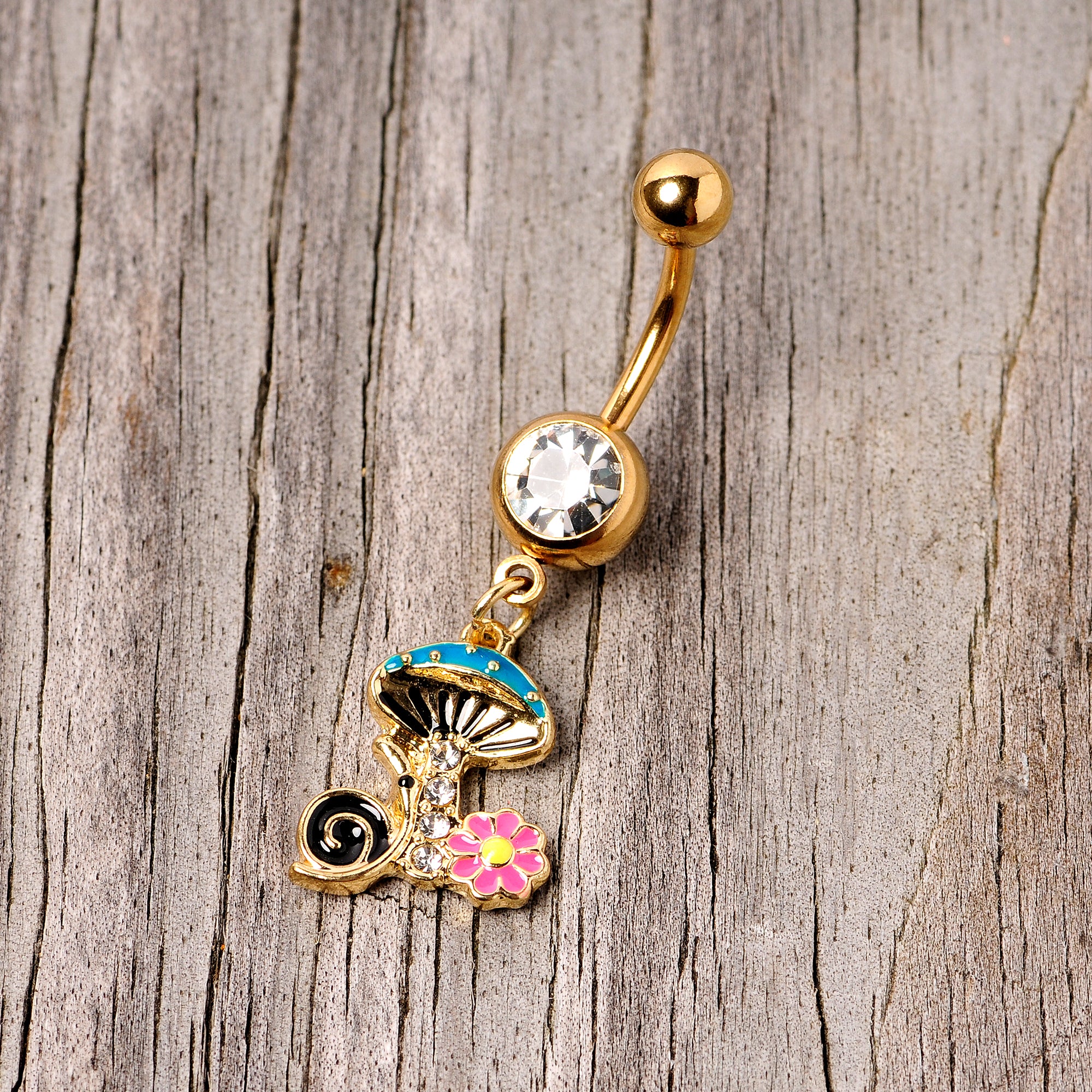 Clear Gem Gold Tone Snail Flower Magic Mushroom Dangle Belly Ring - Image 3
