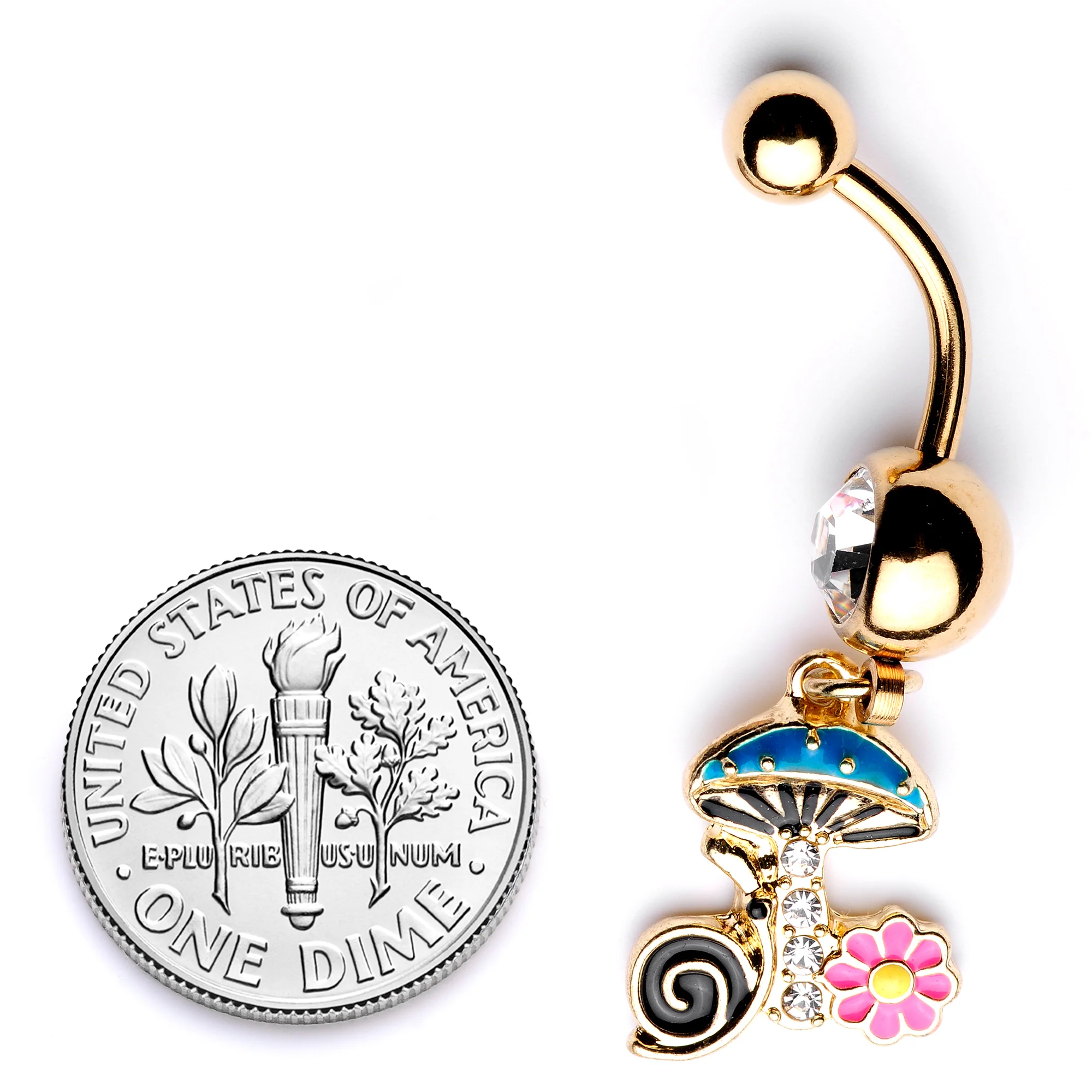 Clear Gem Gold Tone Snail Flower Magic Mushroom Dangle Belly Ring - Image 5