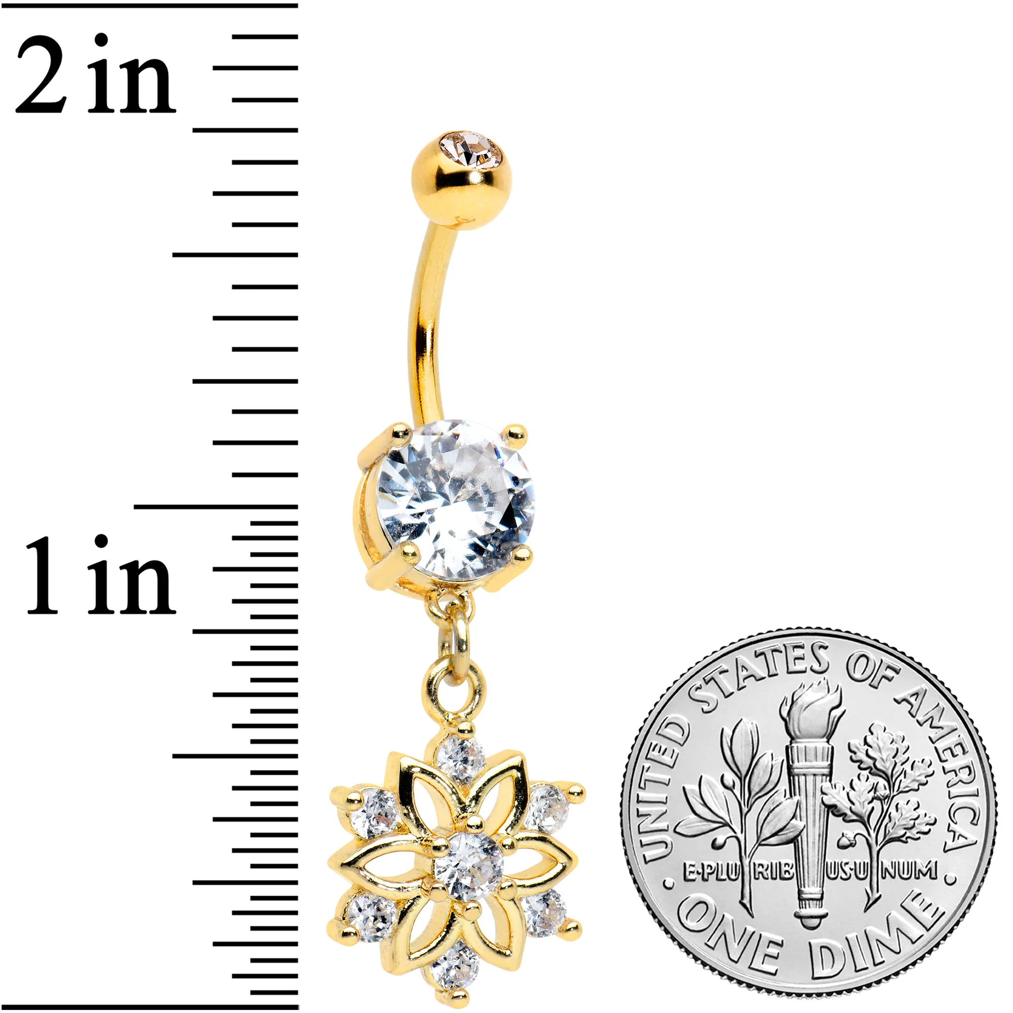 Clear Gem Gold Tone Flower Snowflake Christmas Dangle Belly Ring - Image 2