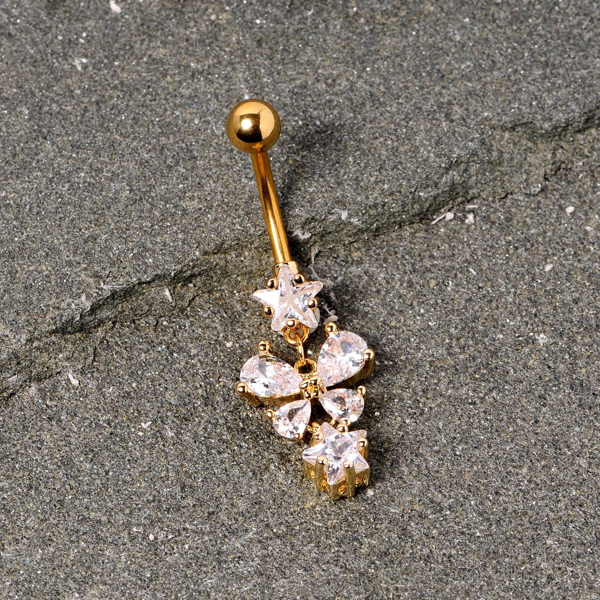 Clear Gem Gold Tone Star and Bow Dangle Belly Ring - Image 2