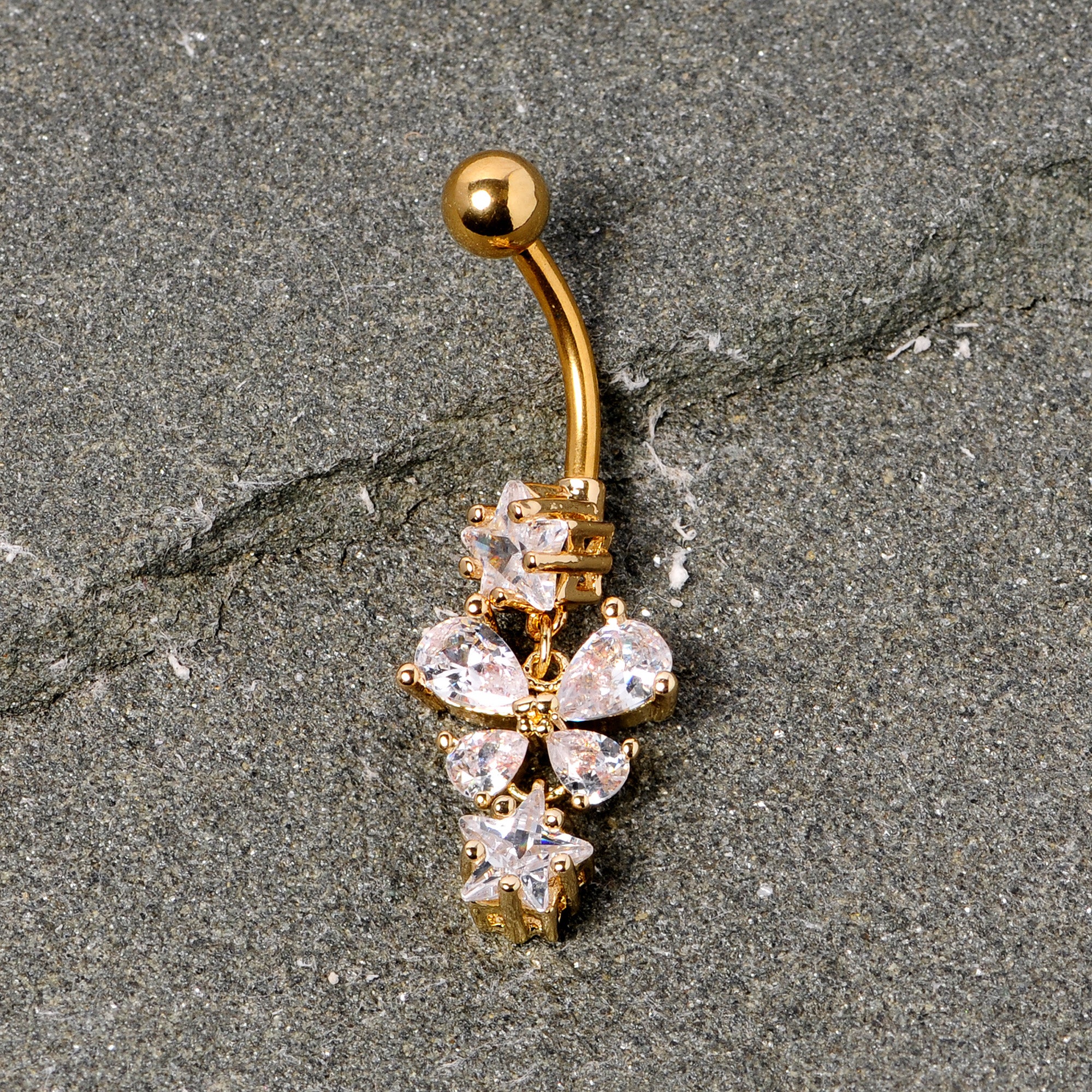 Clear Gem Gold Tone Star and Bow Dangle Belly Ring - Image 3