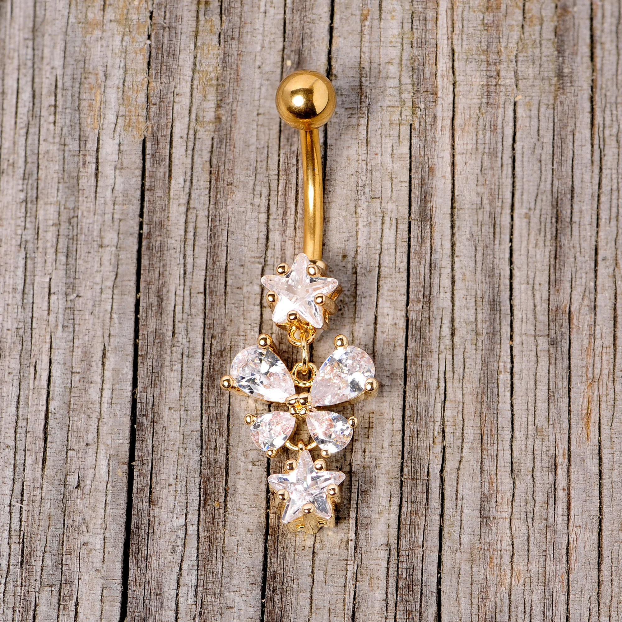 Clear Gem Gold Tone Star and Bow Dangle Belly Ring - Image 4