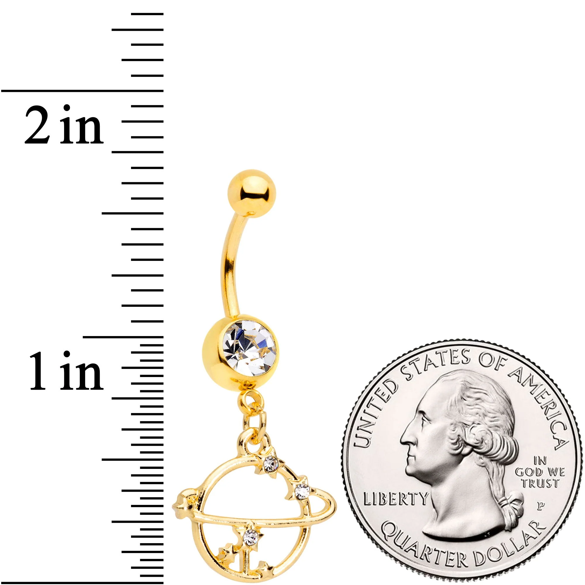 Clear Gem Gold Tone Stars Orbit Planet Saturn Dangle Belly Ring - Image 2