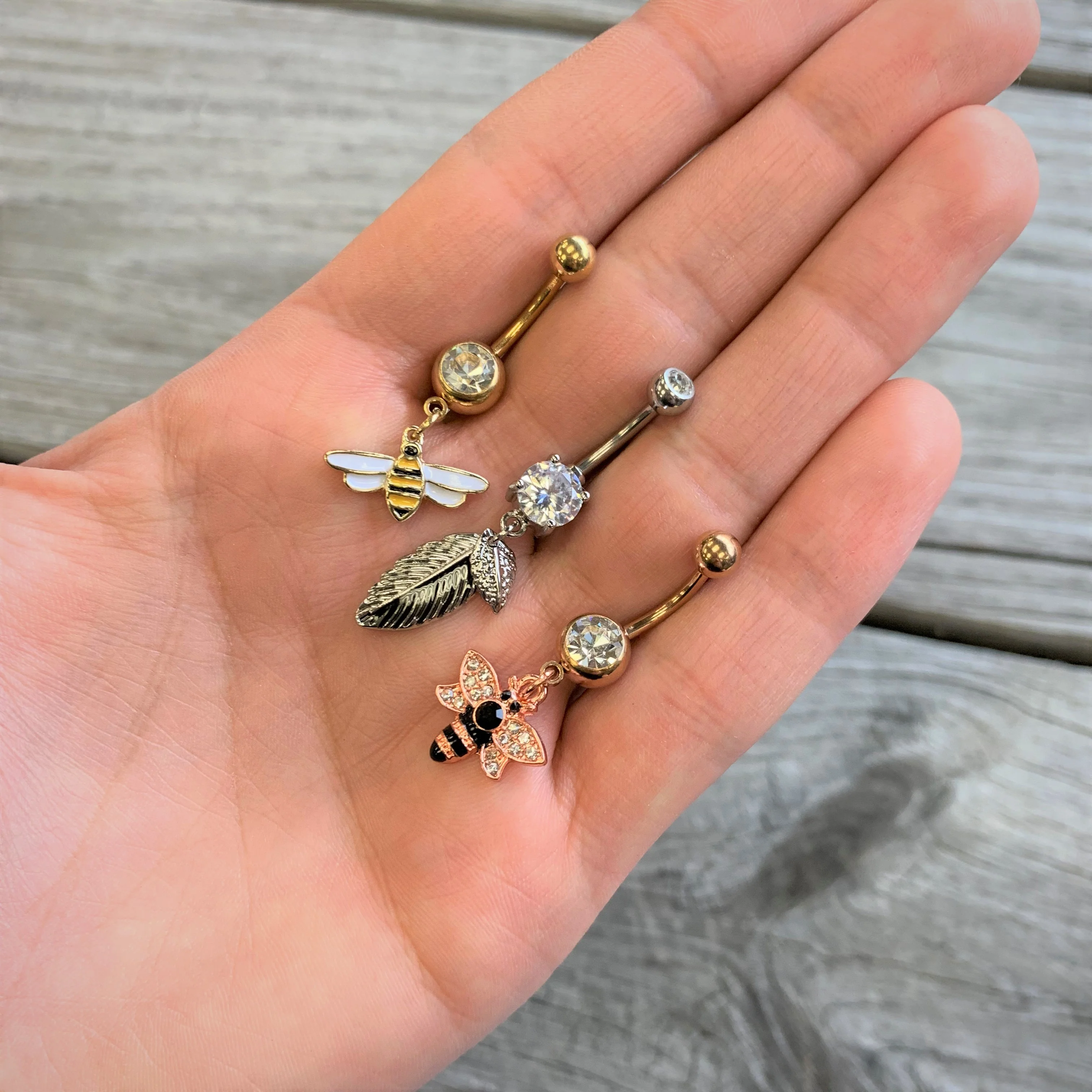Clear Gem Gold Tone Striped Bee Dangle Belly Ring - Image 2