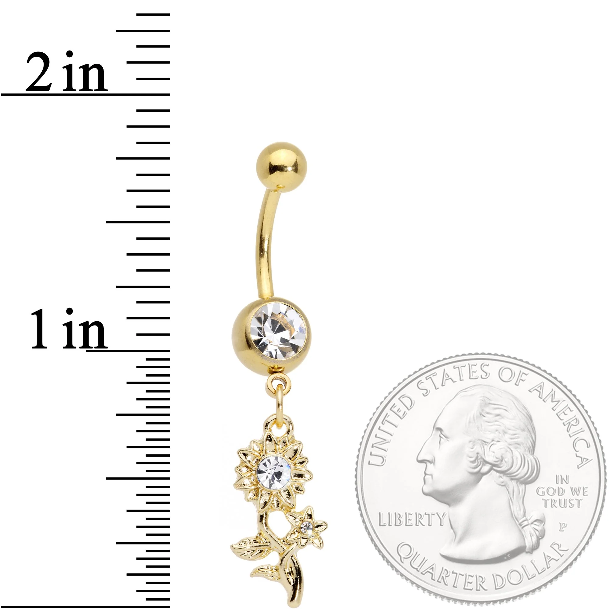 Clear Gem Gold Tone Sunflower Dangle Belly Ring - Image 2