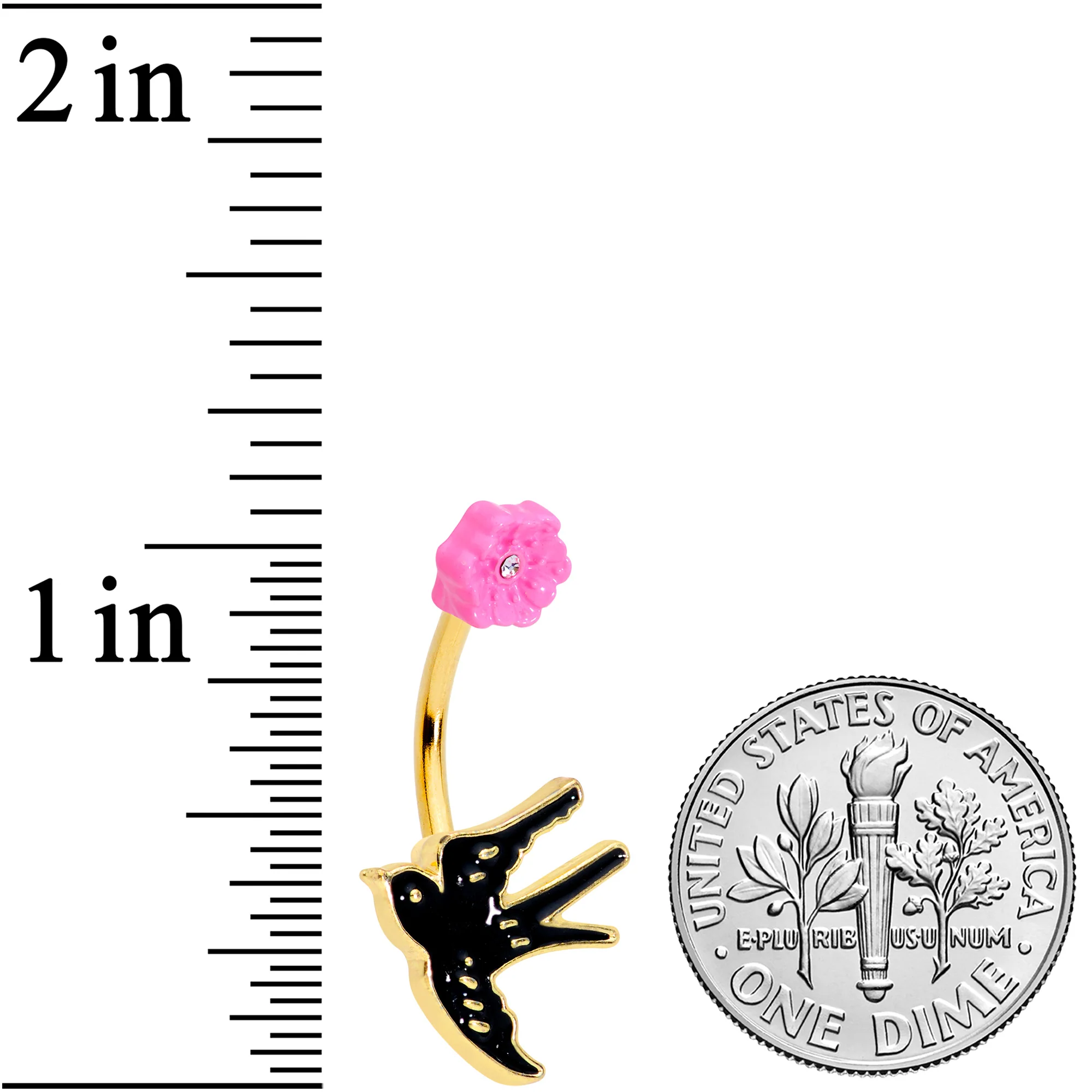Clear Gem Gold Tone Tattoo Bird Pink Flower Belly Ring - Image 2