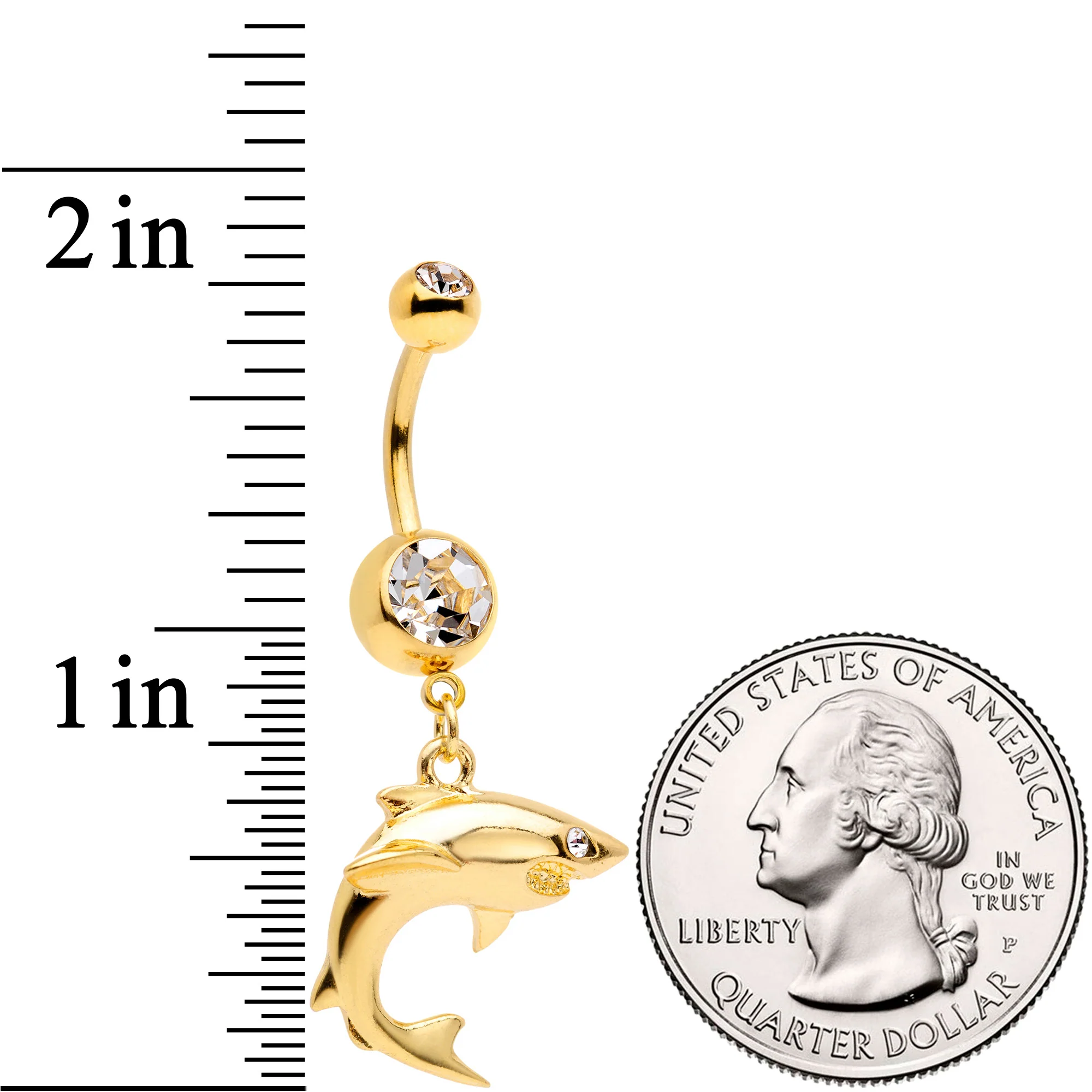 Clear Gem Gold Tone Toothy Shark Dangle Belly Ring - Image 2