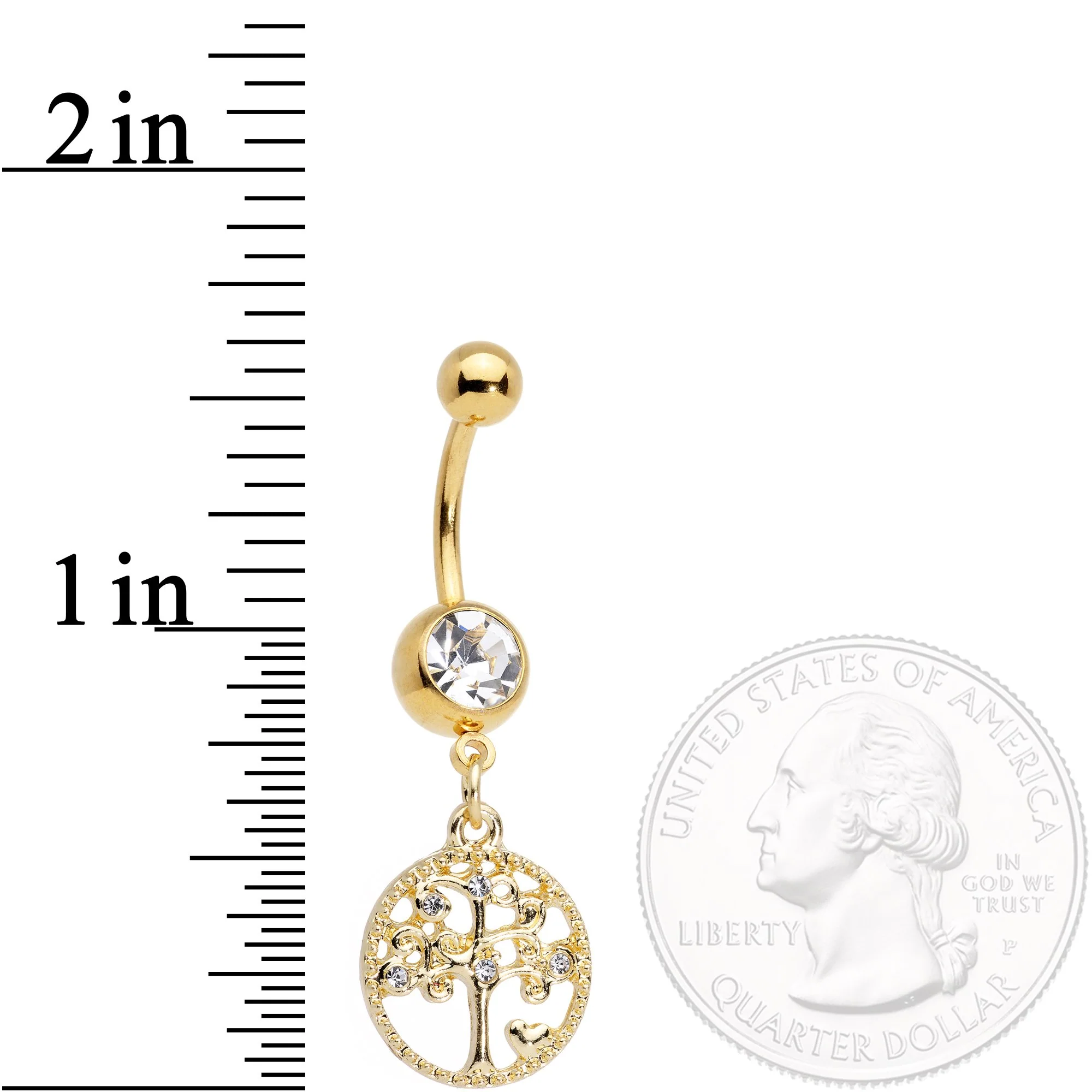 Clear Gem Gold Tone Tree of Life Dangle Belly Ring - Image 2