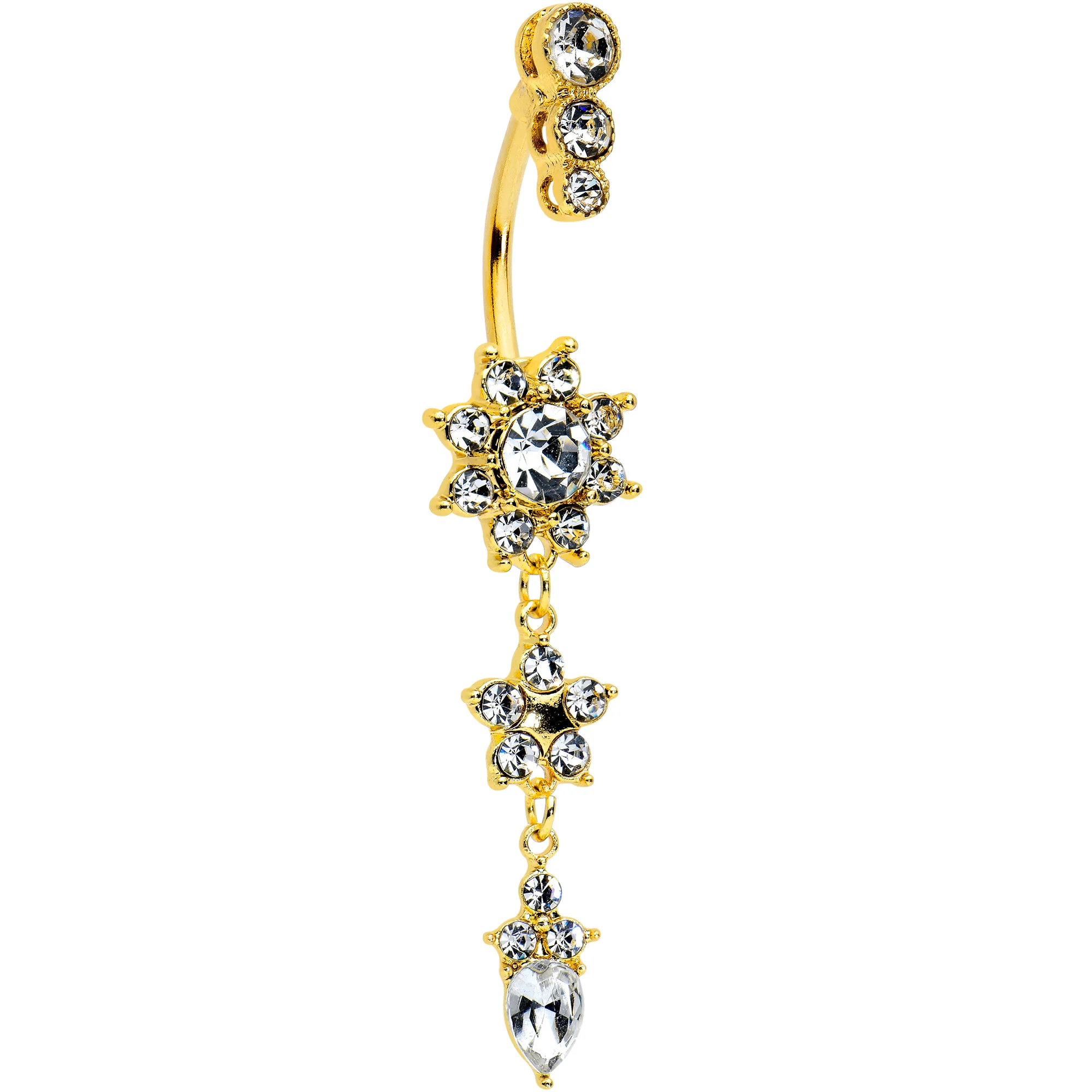 Clear Gem Gold Tone Triple Drop Star Dangle Belly Ring