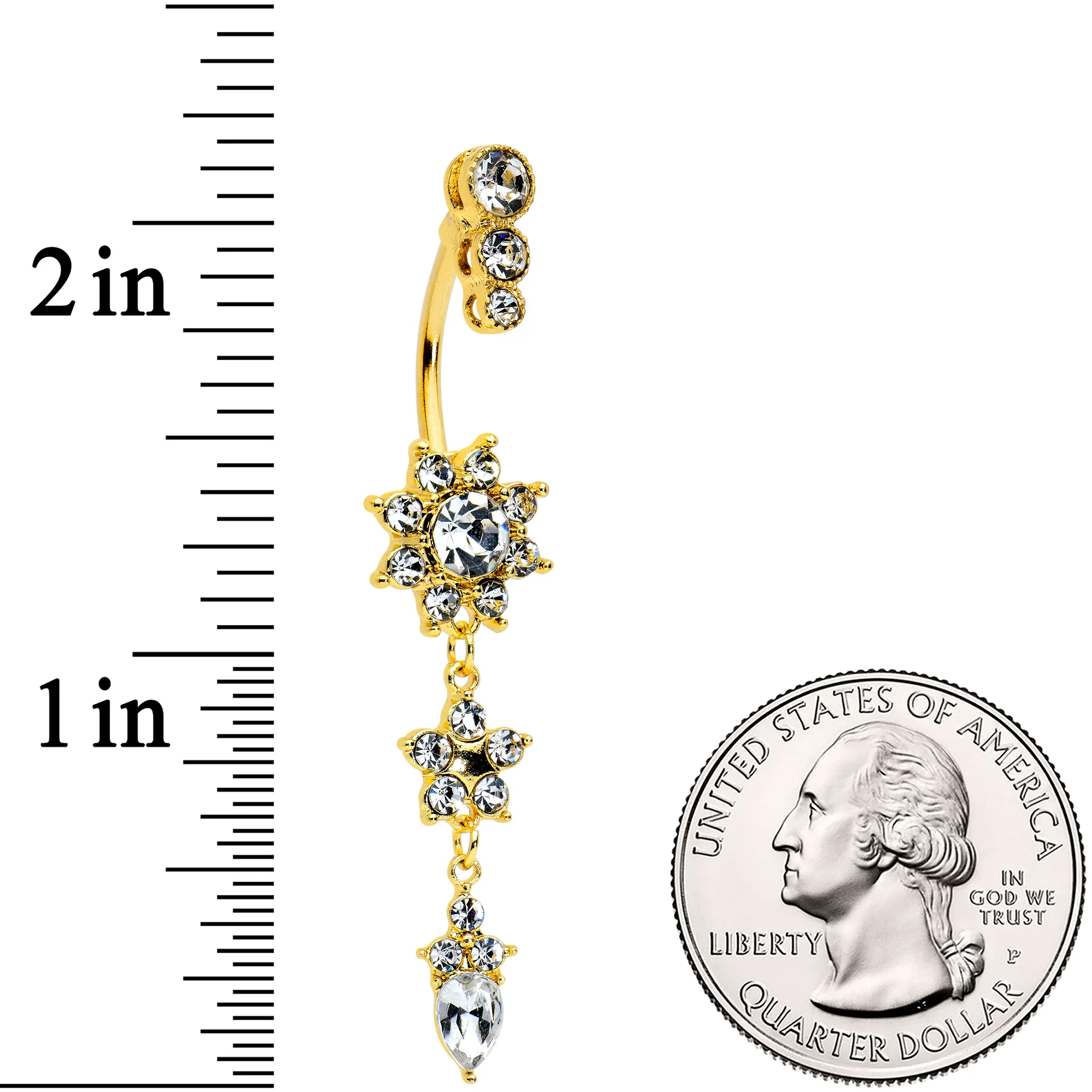 Clear Gem Gold Tone Triple Drop Star Dangle Belly Ring - Image 2