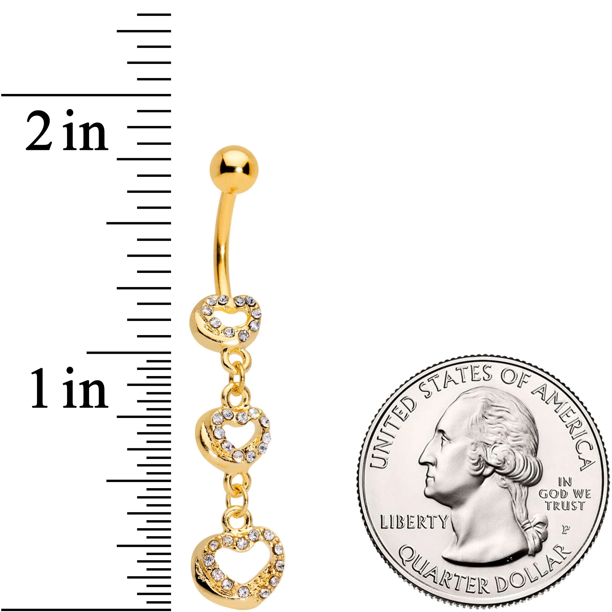 Clear Gem Gold Tone Triple Hearts in Motion Dangle Belly Ring - Image 2