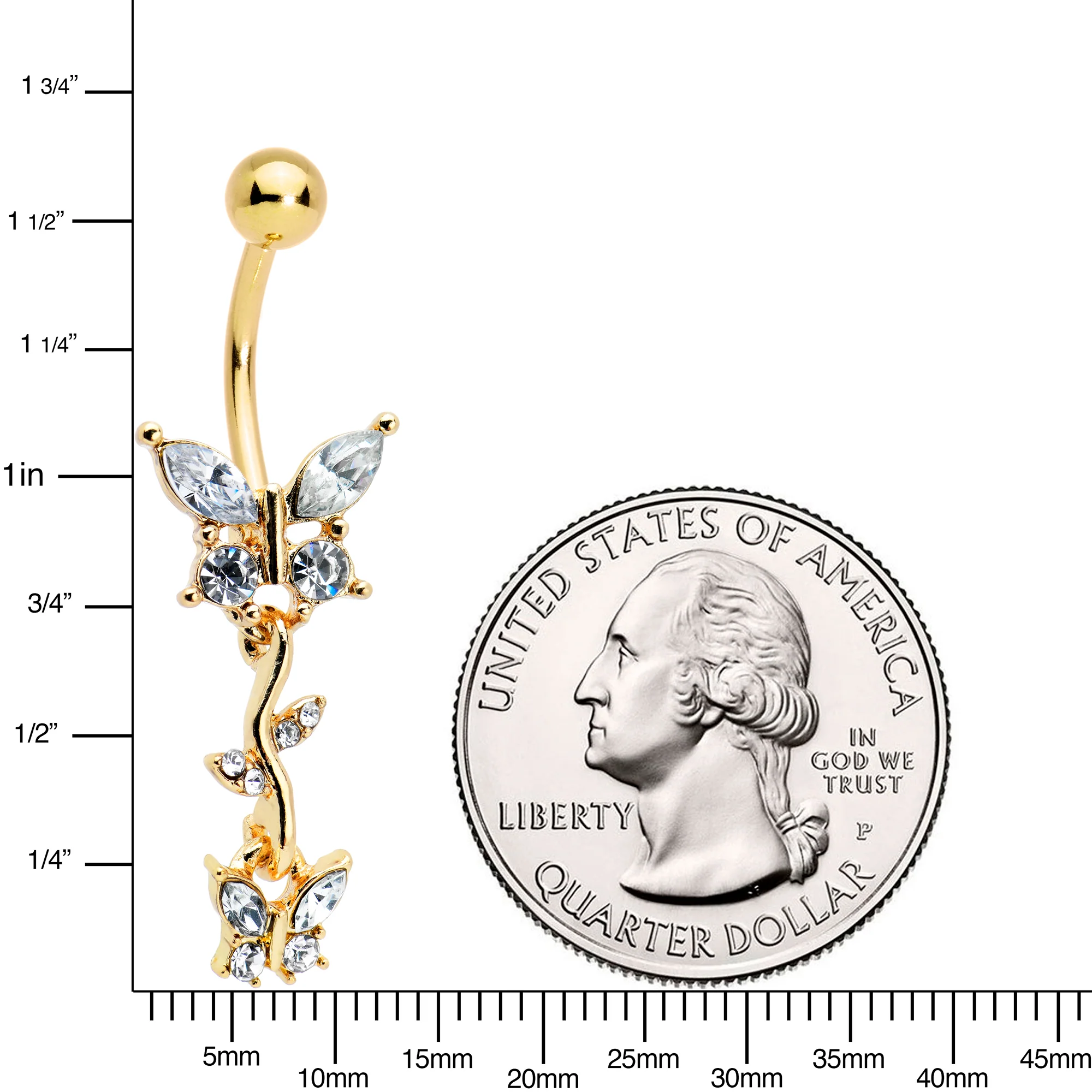 Clear Gem Gold Tone Vine Butterfly Dangle Belly Ring - Image 2