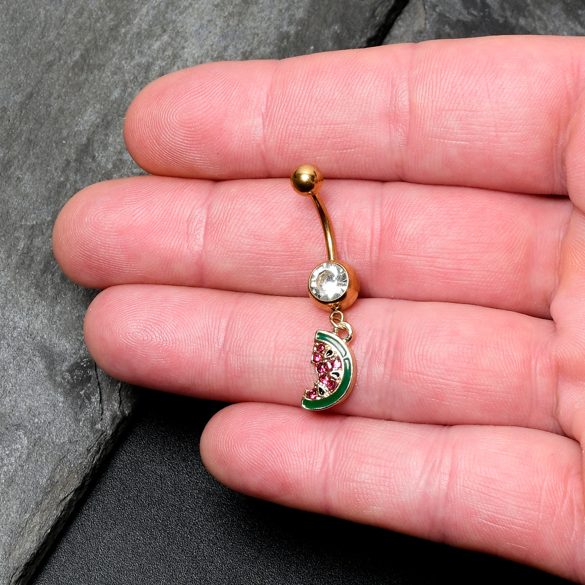 Clear Gem Gold Tone Watermelon Bite Dangle Belly Ring - Image 2