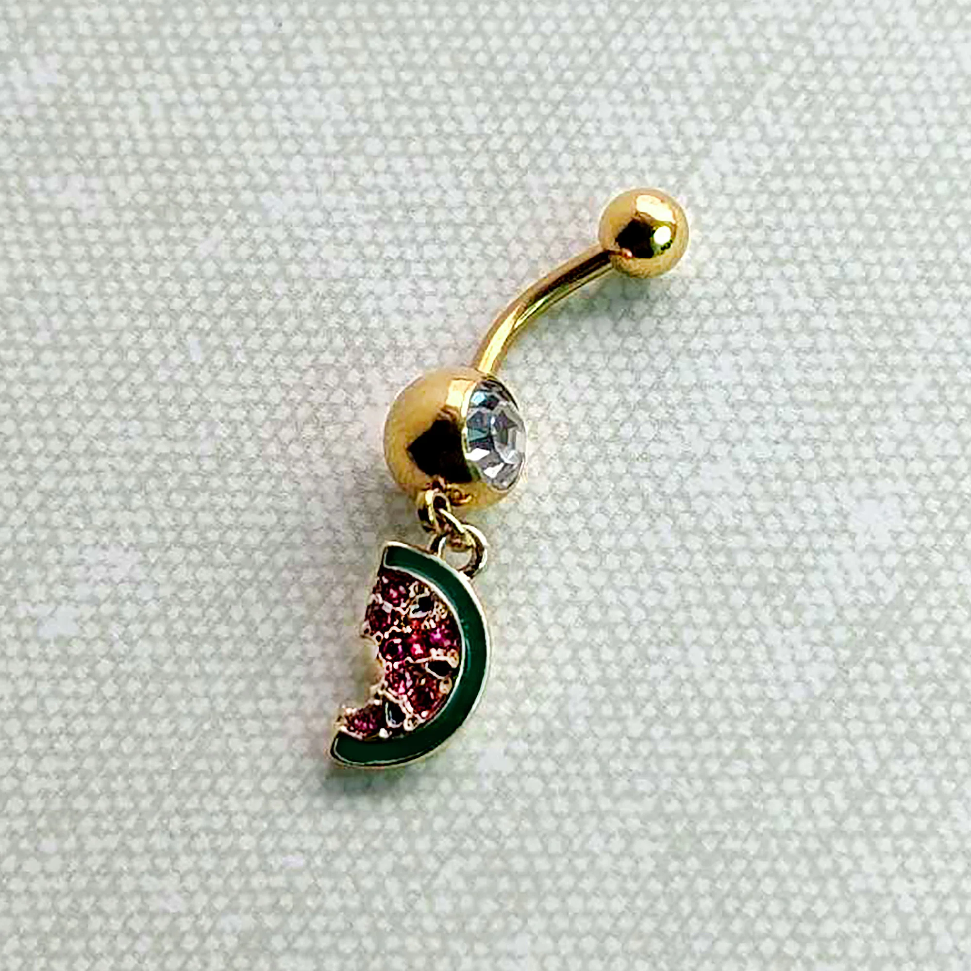 Clear Gem Gold Tone Watermelon Bite Dangle Belly Ring - Image 6