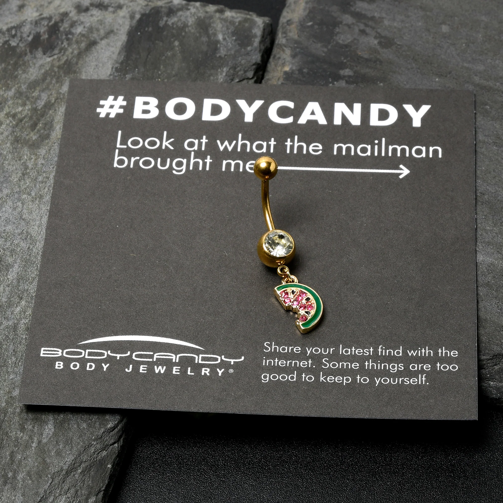 Clear Gem Gold Tone Watermelon Bite Dangle Belly Ring - Image 7