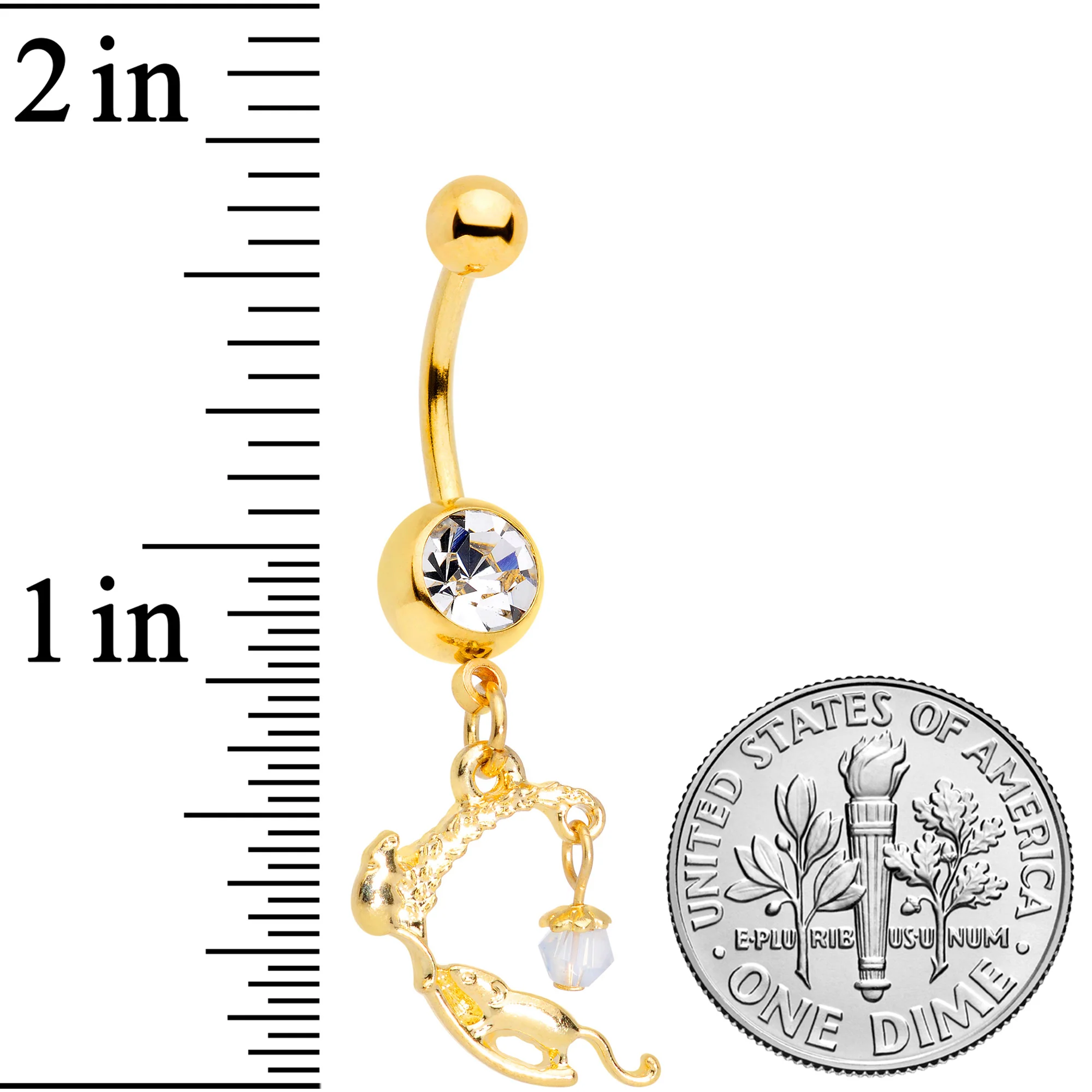 Clear Gem Gold Tone Wheat Mice Dangle Belly Ring - Image 2