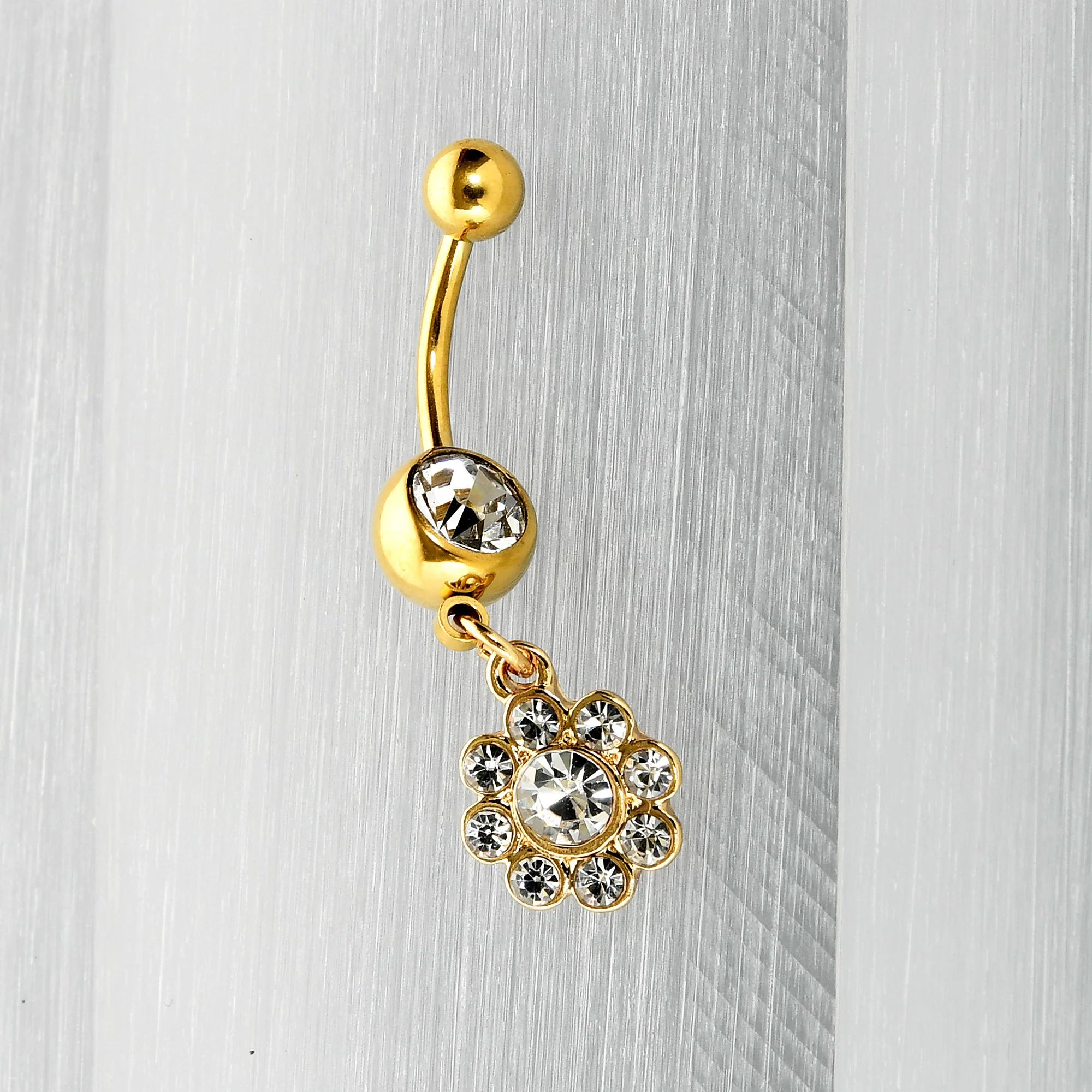 Clear Gem Gold Tone Whimsy Flower Dangle Belly Ring - Image 6