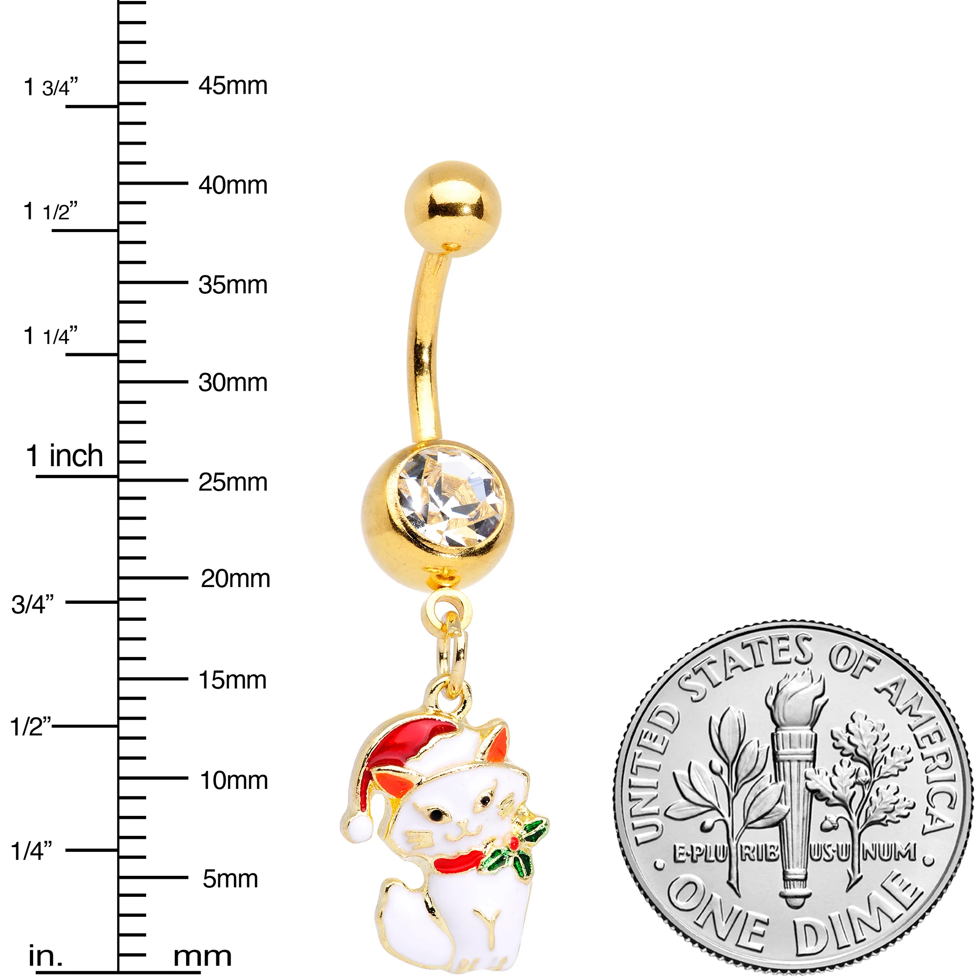 Clear Gem Gold Tone White Cat Santa Hat Christmas Dangle Belly Ring - Image 2