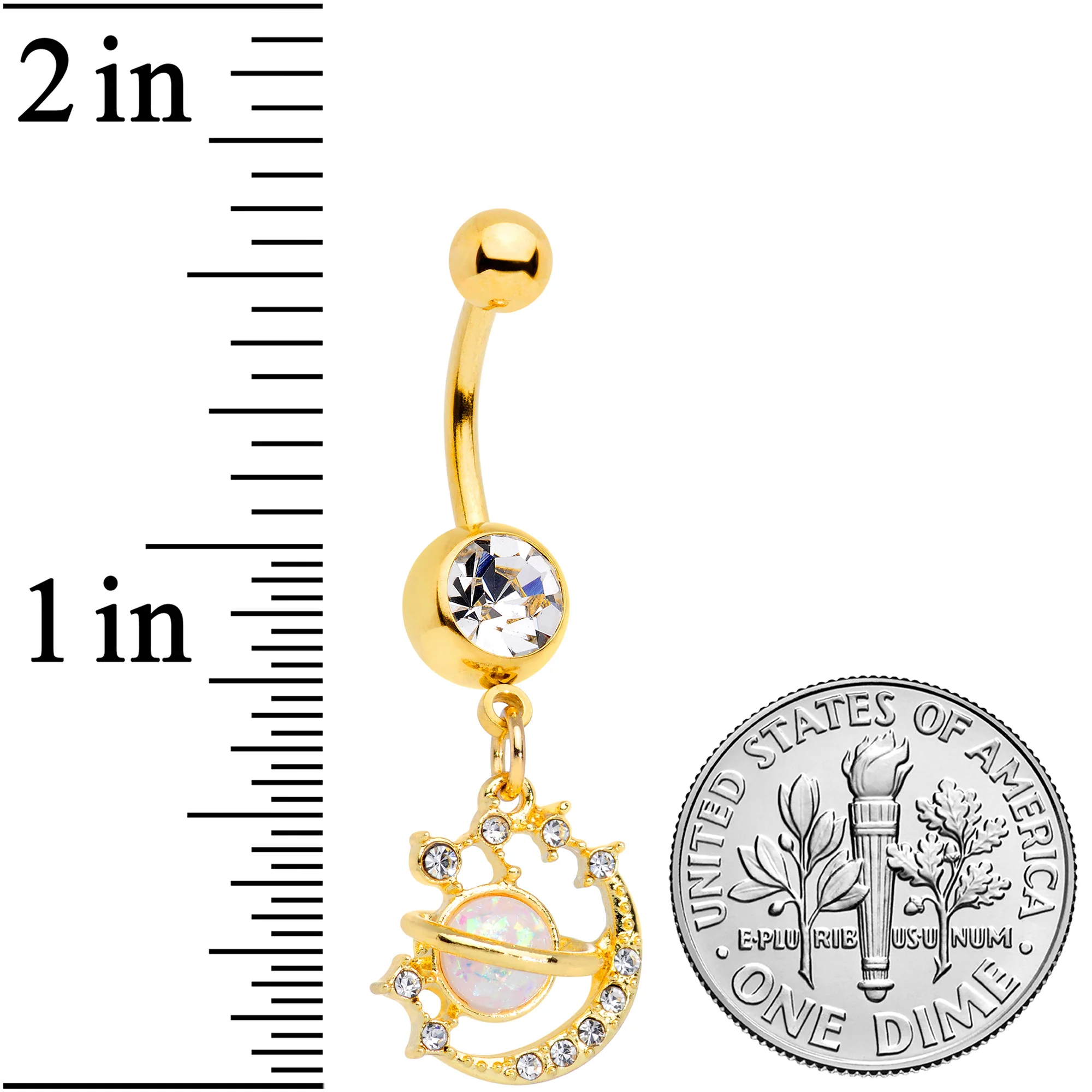 Clear Gem Gold Tone White Faux Opal Saturn Moon Dangle Belly Ring - Image 2