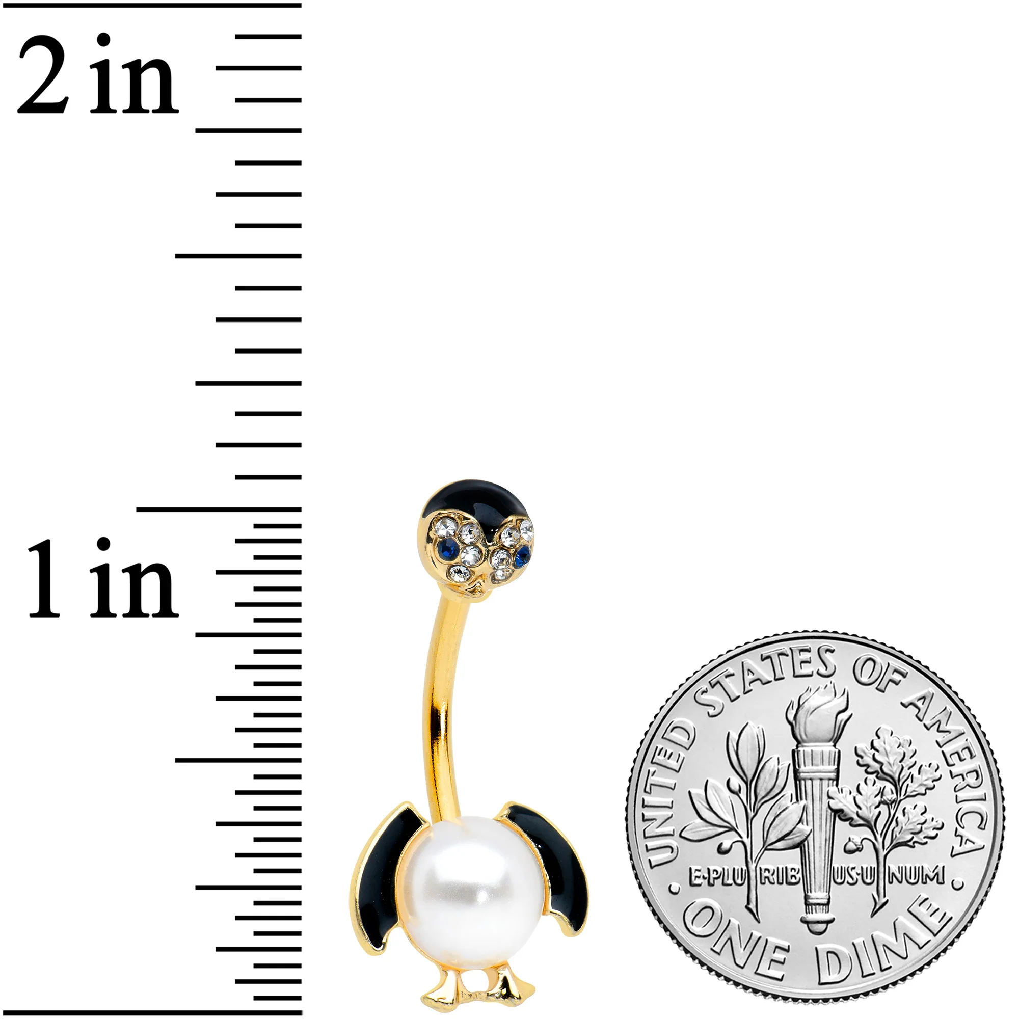 Clear Gem Gold Tone White Pearlescent Penguin Double Mount Belly Ring - Image 2