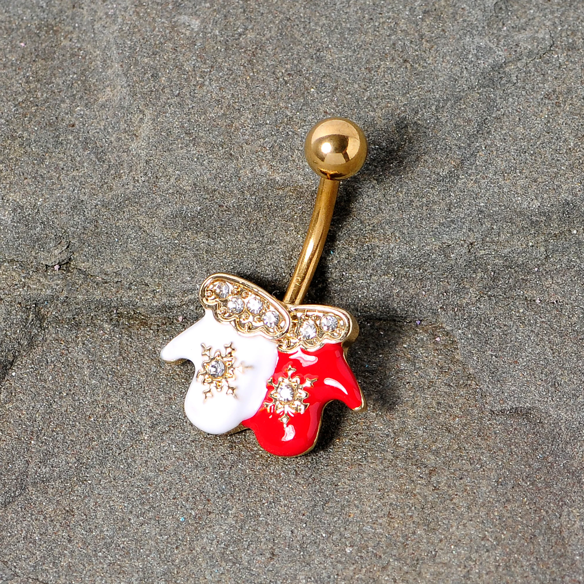 Clear Gem Gold Tone Winter Mittens Snowflake Christmas Belly Ring - Image 3
