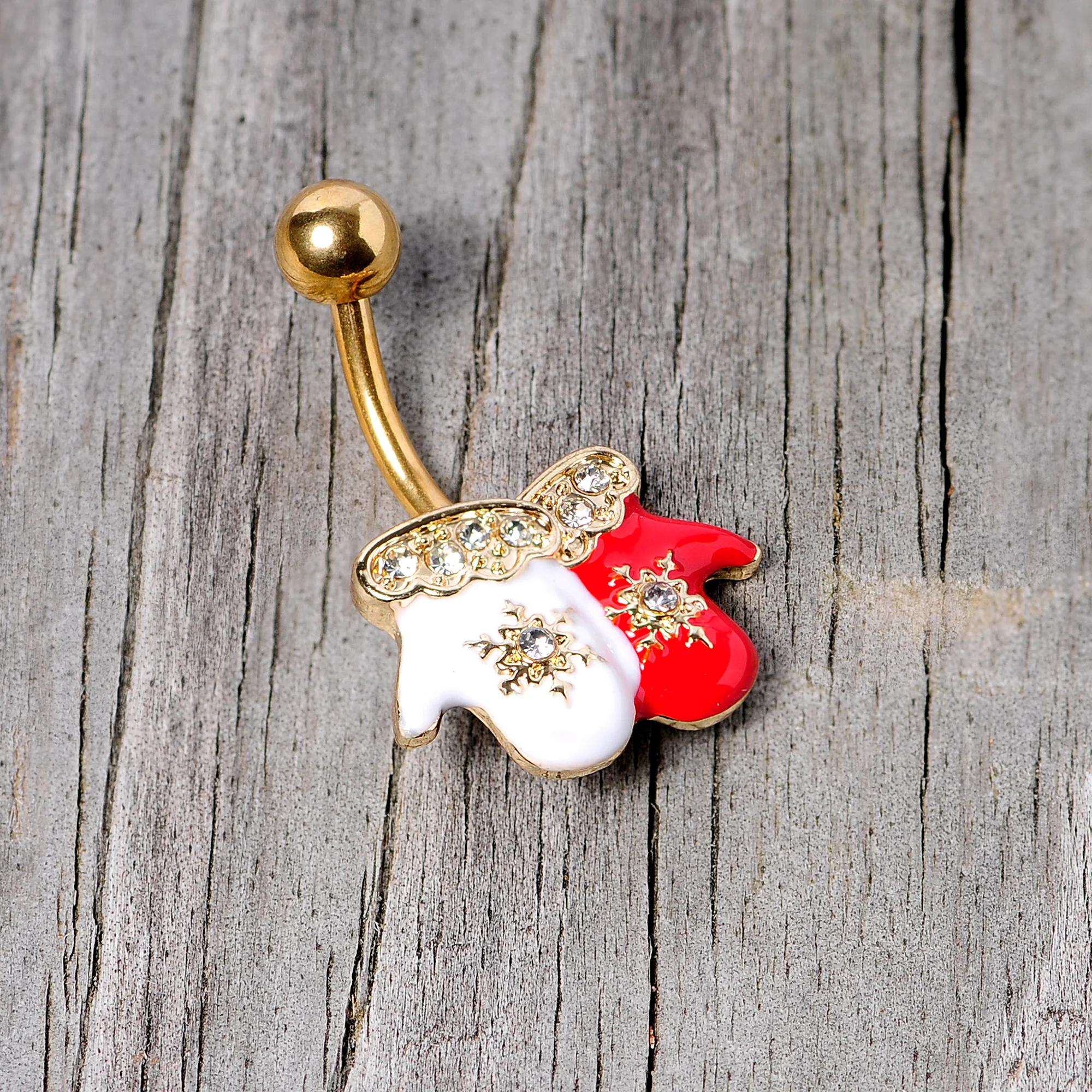 Clear Gem Gold Tone Winter Mittens Snowflake Christmas Belly Ring - Image 4