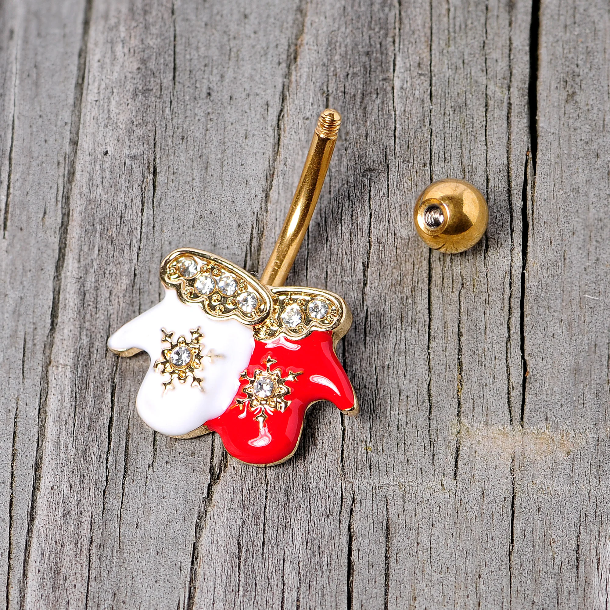 Clear Gem Gold Tone Winter Mittens Snowflake Christmas Belly Ring - Image 5