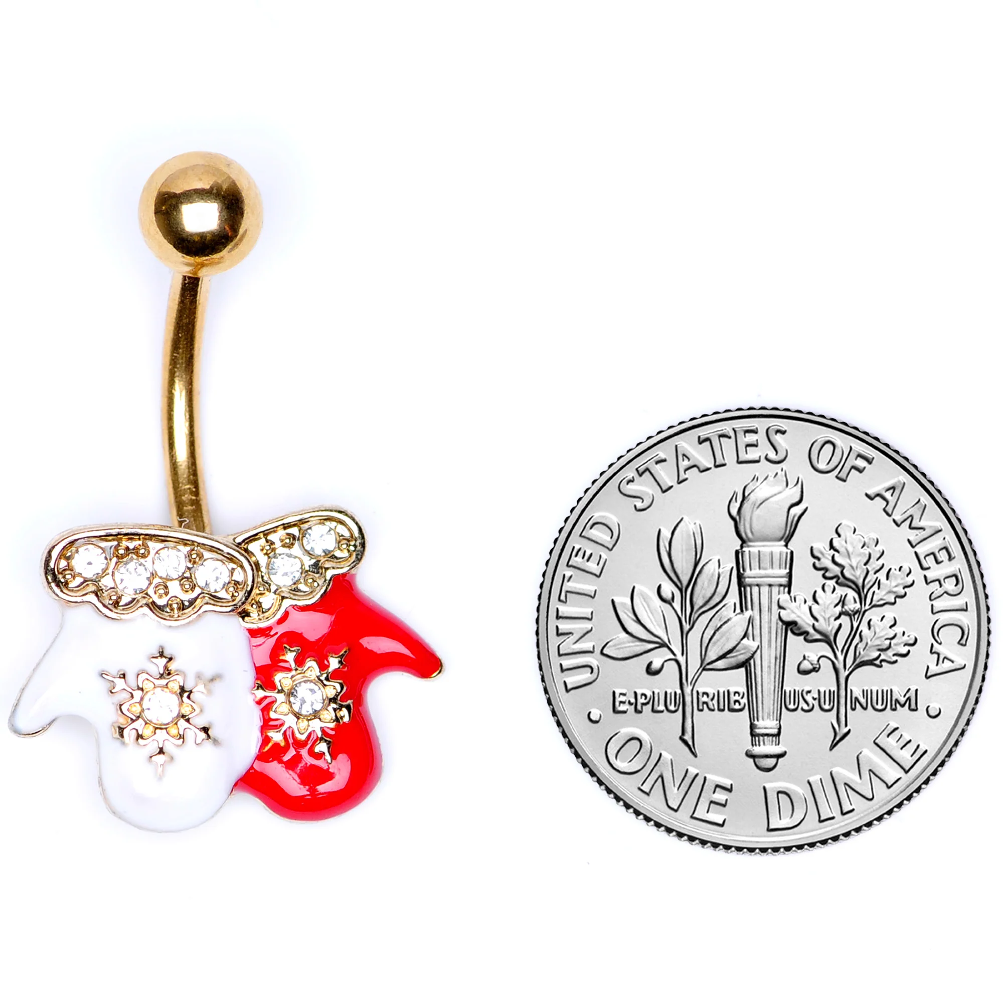 Clear Gem Gold Tone Winter Mittens Snowflake Christmas Belly Ring - Image 6