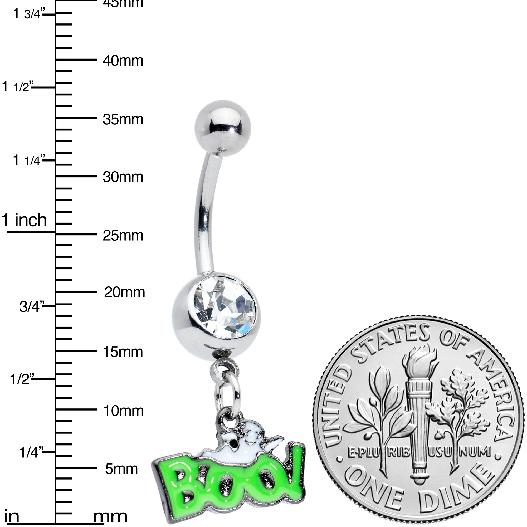 Clear Gem Green Boo Ghost Halloween Dangle Belly Ring - Image 2