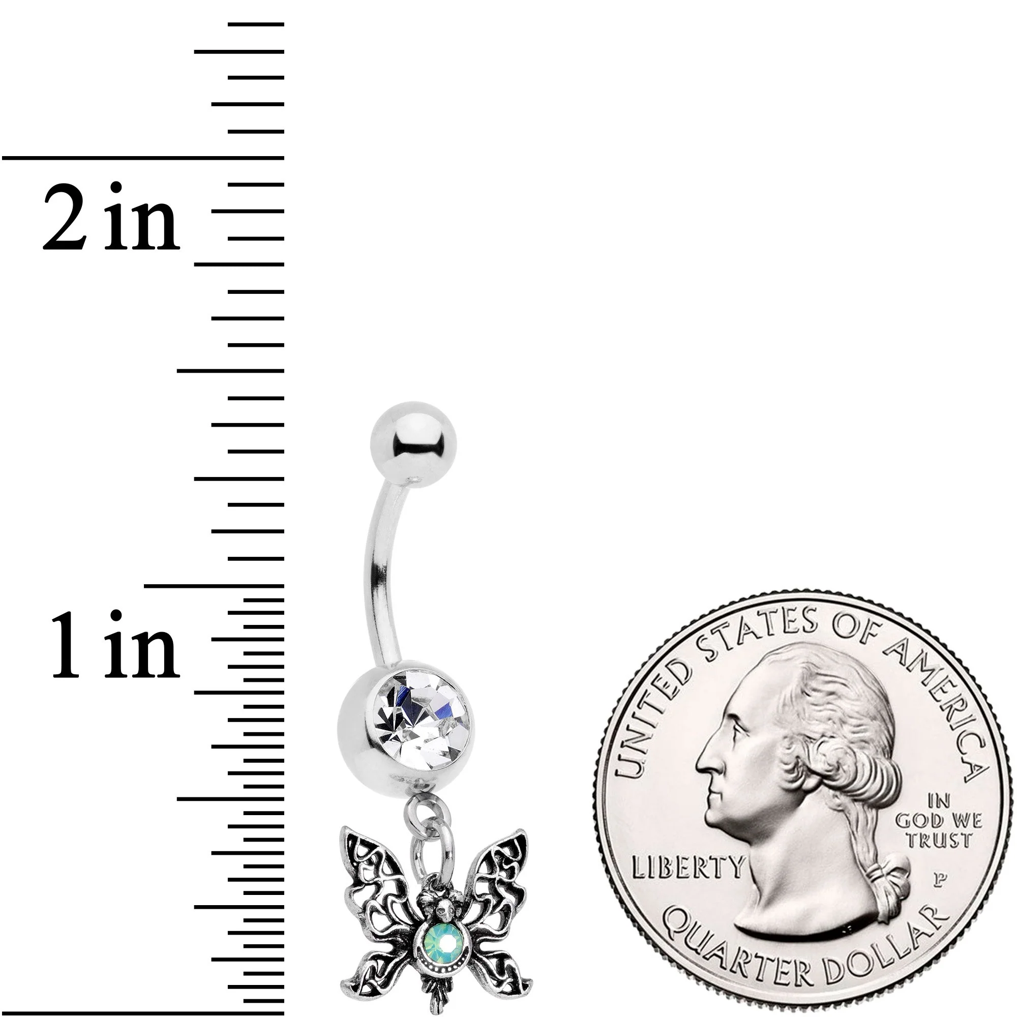 Clear Gem Green Faux Opal Butterfly Dangle Belly Ring - Image 2