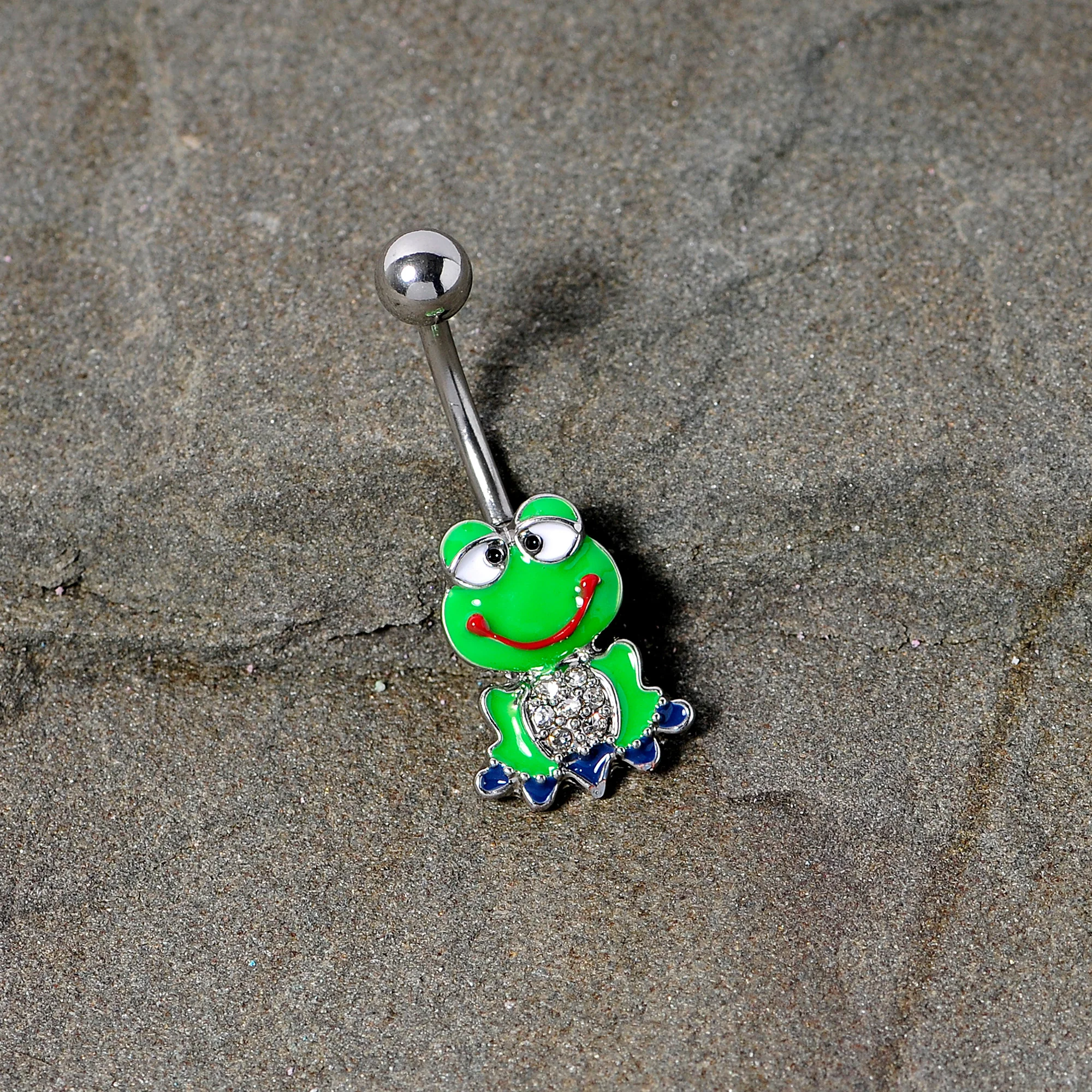 Clear Gem Green Goofy Frog Belly Ring - Image 2
