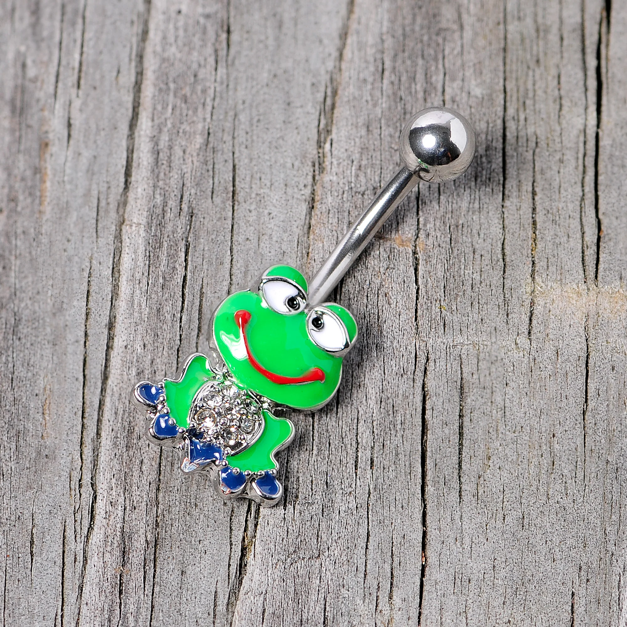 Clear Gem Green Goofy Frog Belly Ring - Image 3