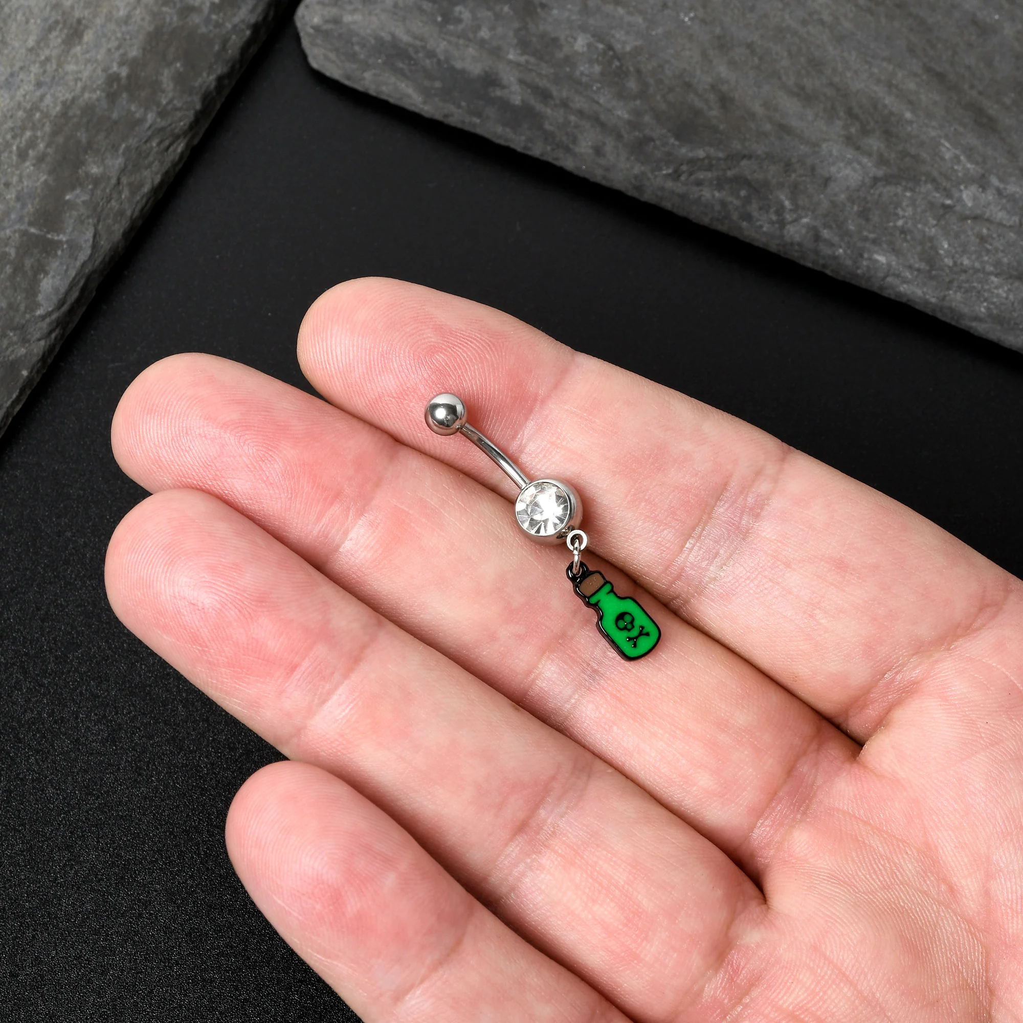 Clear Gem Green Poison Bottle Glow in the Dark Dangle Belly Ring - Image 7
